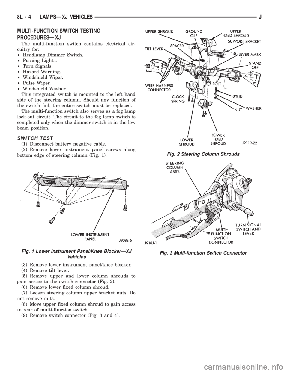JEEP CHEROKEE 1995 Service Repair Manual MULTI-FUNCTION SWITCH TESTING
PROCEDURESÐXJ
The multi-function switch contains electrical cir-
cuitry for:
²Headlamp Dimmer Switch.
²Passing Lights.
²Turn Signals.
²Hazard Warning.
²Windshield W JEEP CHEROKEE 1995 Service Repair Manual MULTI-FUNCTION SWITCH TESTING
PROCEDURESÐXJ
The multi-function switch contains electrical cir-
cuitry for:
²Headlamp Dimmer Switch.
²Passing Lights.
²Turn Signals.
²Hazard Warning.
²Windshield W