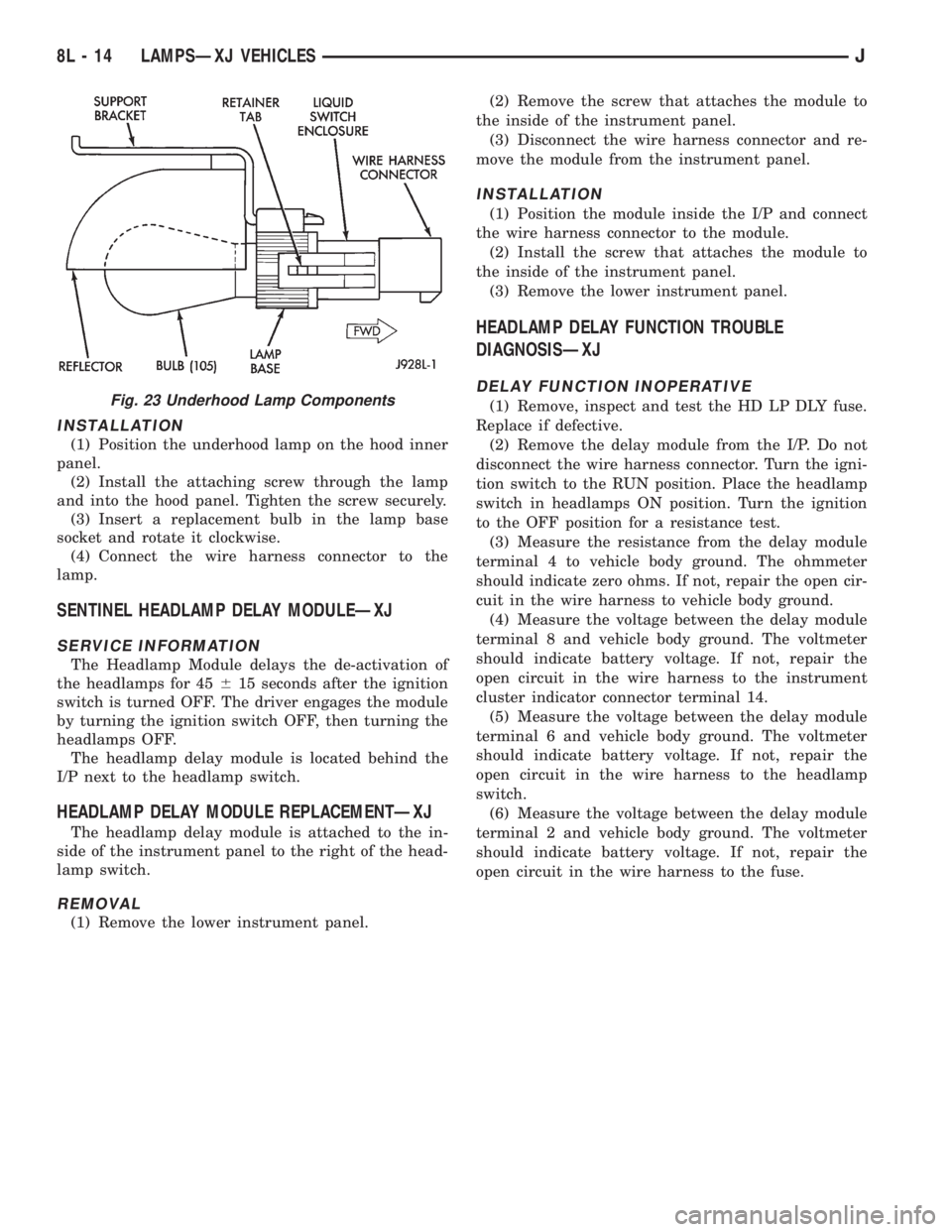 JEEP CHEROKEE 1995  Service Repair Manual INSTALLATION
(1) Position the underhood lamp on the hood inner
panel.
(2) Install the attaching screw through the lamp
and into the hood panel. Tighten the screw securely.
(3) Insert a replacement bul