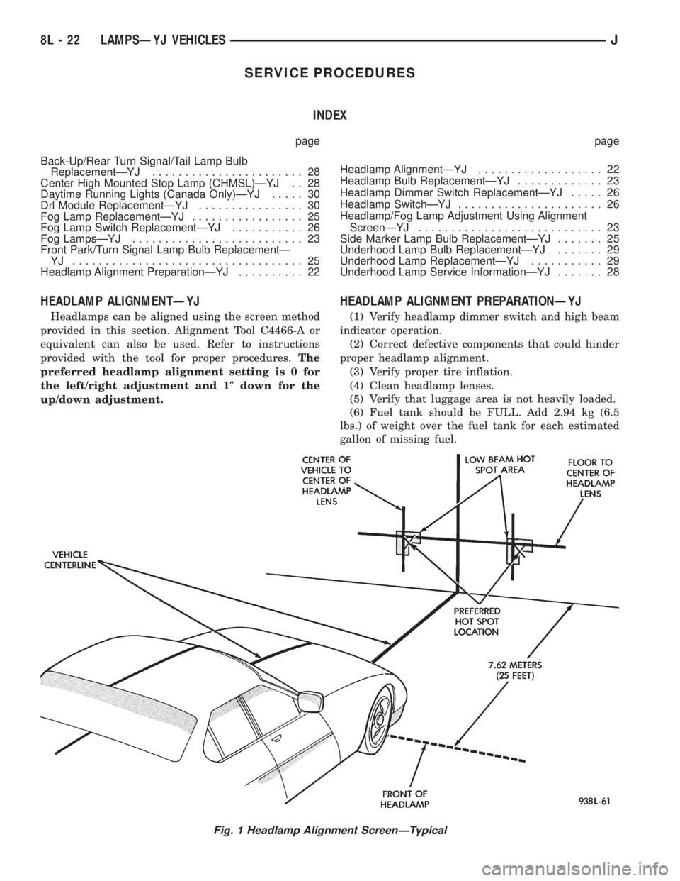 JEEP CHEROKEE 1995  Service Repair Manual SERVICE PROCEDURES
INDEX
page page
Back-Up/Rear Turn Signal/Tail Lamp Bulb
ReplacementÐYJ....................... 28
Center High Mounted Stop Lamp (CHMSL)ÐYJ . . 28
Daytime Running Lights (Canada Onl