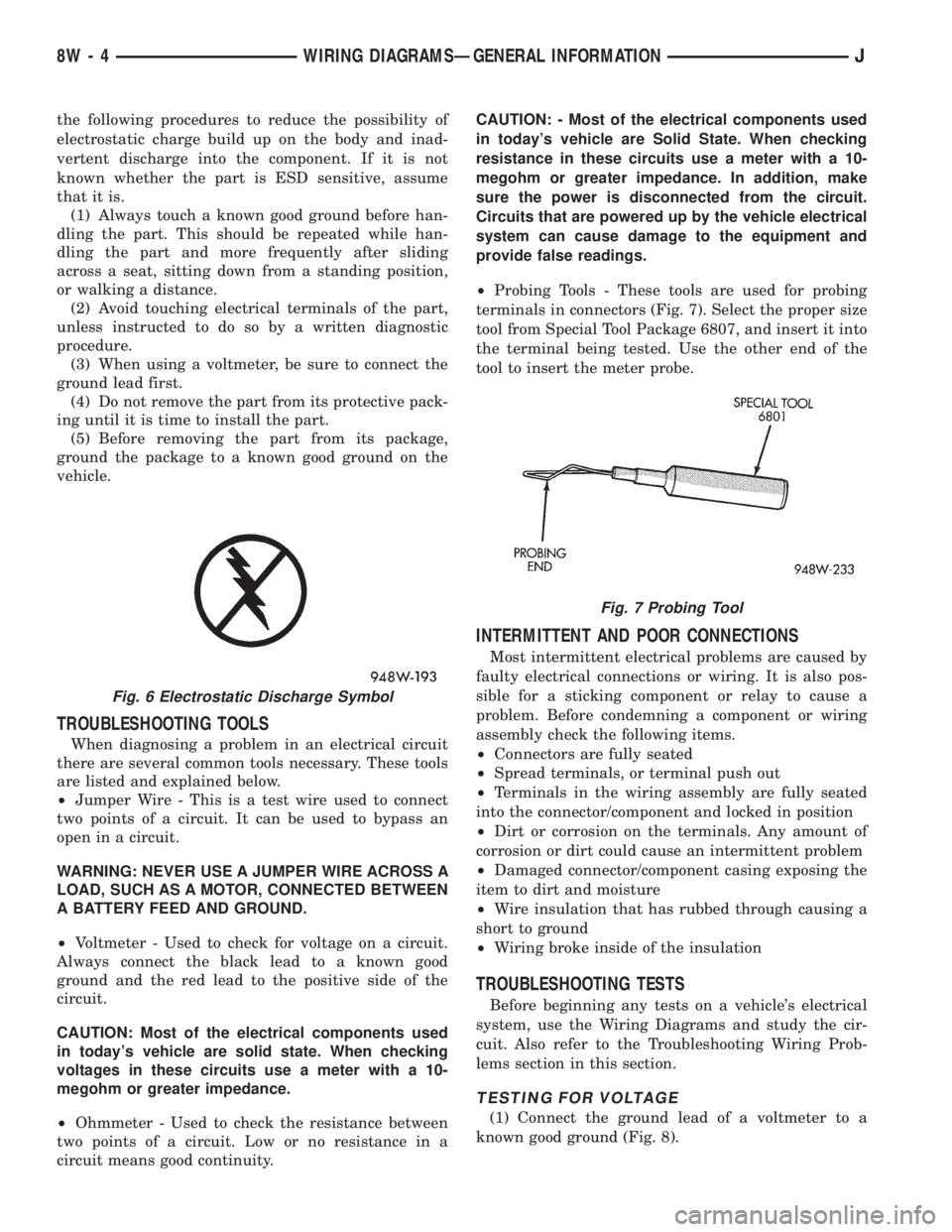 JEEP CHEROKEE 1995  Service Repair Manual the following procedures to reduce the possibility of
electrostatic charge build up on the body and inad-
vertent discharge into the component. If it is not
known whether the part is ESD sensitive, as