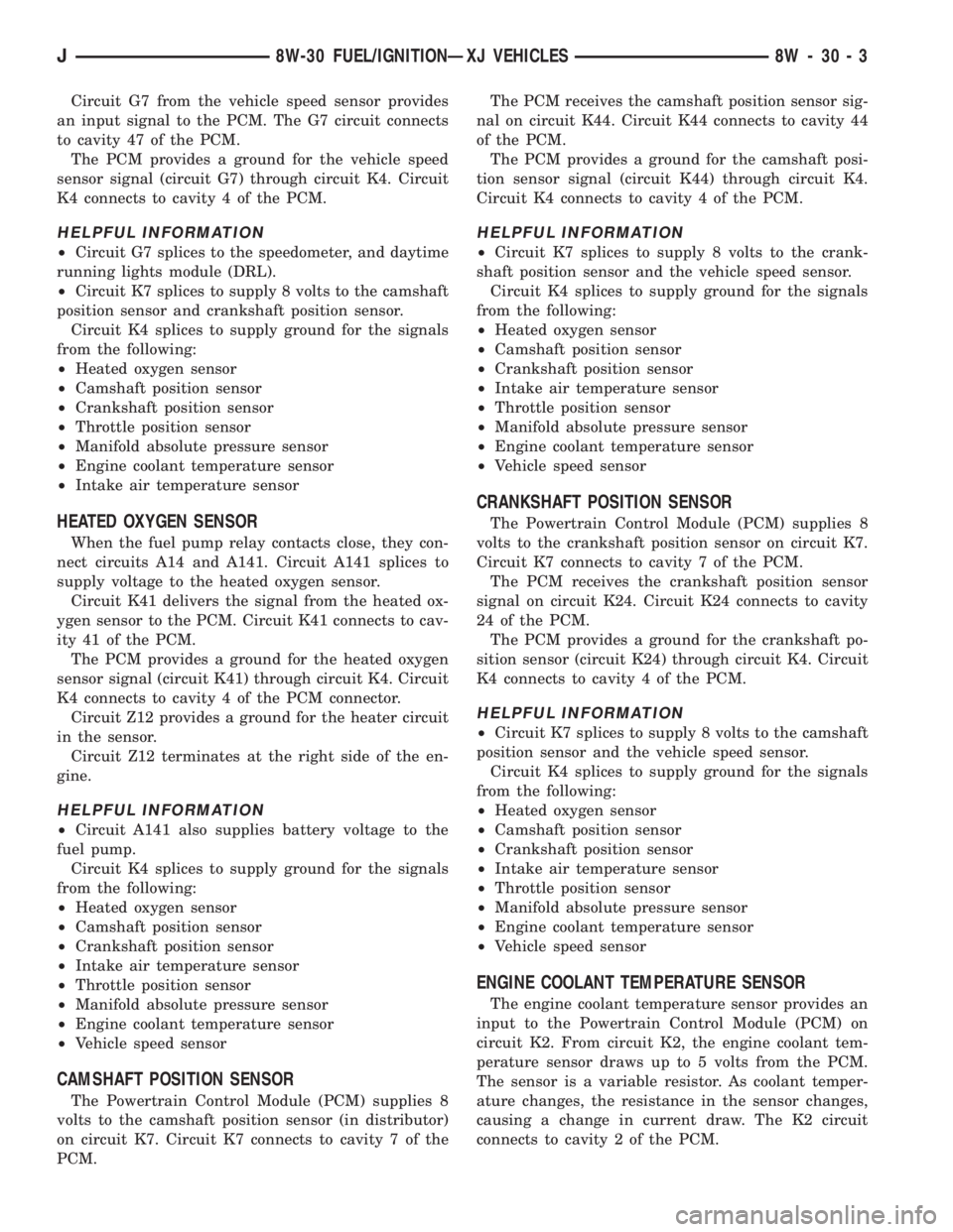 JEEP CHEROKEE 1995  Service Repair Manual Circuit G7 from the vehicle speed sensor provides
an input signal to the PCM. The G7 circuit connects
to cavity 47 of the PCM.
The PCM provides a ground for the vehicle speed
sensor signal (circuit G7