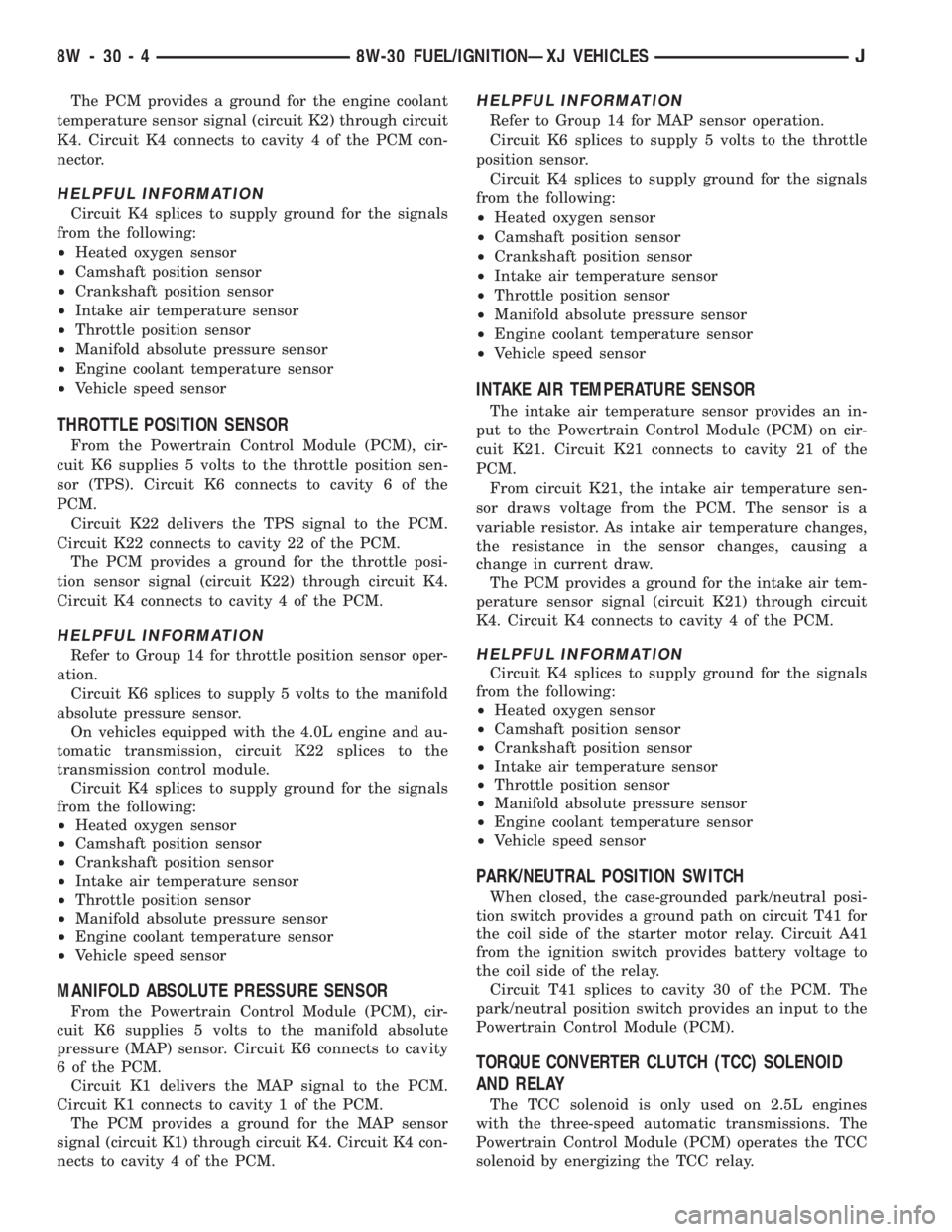 JEEP CHEROKEE 1995  Service Repair Manual The PCM provides a ground for the engine coolant
temperature sensor signal (circuit K2) through circuit
K4. Circuit K4 connects to cavity 4 of the PCM con-
nector.
HELPFUL INFORMATION
Circuit K4 splic