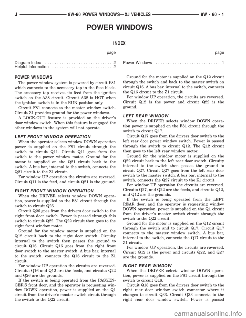 JEEP CHEROKEE 1995  Service Repair Manual POWER WINDOWS
INDEX
page page
Diagram Index............................ 2
Helpful Information......................... 2Power Windows........................... 1
POWER WINDOWS
The power window system