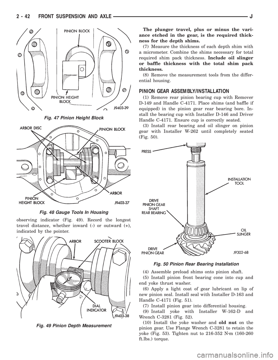 JEEP CHEROKEE 1995  Service Repair Manual observing indicator (Fig. 49). Record the longest
travel distance, whether inward (-) or outward (+),
indicated by the pointer.The plunger travel, plus or minus the vari-
ance etched in the gear, is t