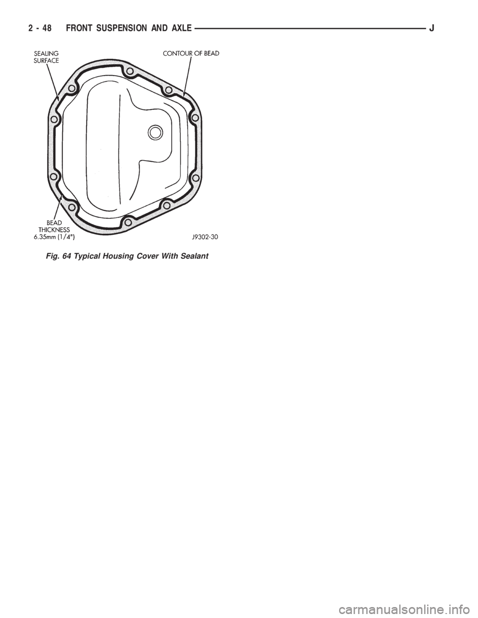 JEEP CHEROKEE 1995  Service Repair Manual Fig. 64 Typical Housing Cover With Sealant
2 - 48 FRONT SUSPENSION AND AXLEJ 