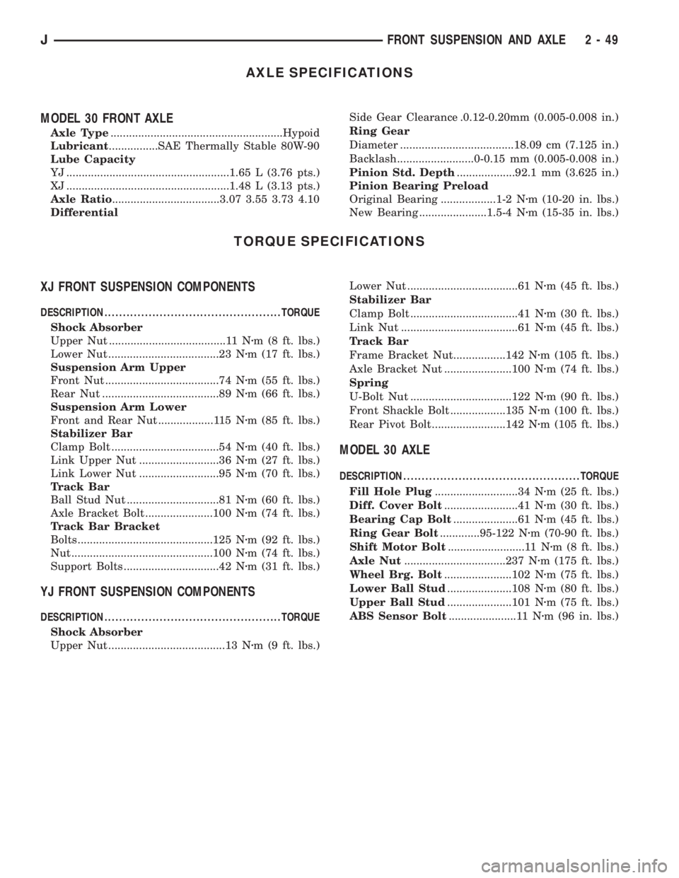 JEEP CHEROKEE 1995  Service Repair Manual AXLE SPECIFICATIONS
MODEL 30 FRONT AXLE
Axle Type........................................................Hypoid
Lubricant................SAE Thermally Stable 80W-90
Lube Capacity
YJ ..................