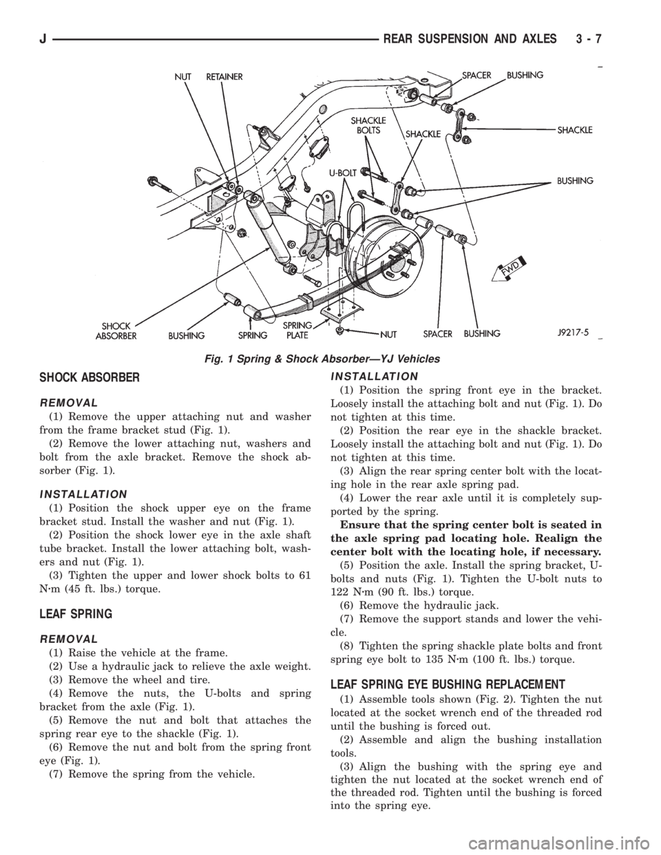 JEEP CHEROKEE 1995  Service Repair Manual SHOCK ABSORBER
REMOVAL
(1) Remove the upper attaching nut and washer
from the frame bracket stud (Fig. 1).
(2) Remove the lower attaching nut, washers and
bolt from the axle bracket. Remove the shock 