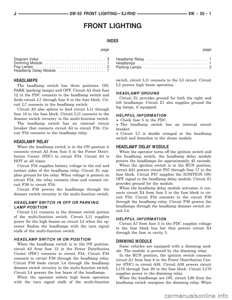 JEEP CHEROKEE 1995  Service Repair Manual FRONT LIGHTING
INDEX
page page
Diagram Index............................ 3
Dimming Module........................... 1
Fog Lamps............................... 2
Headlamp Delay Module.................