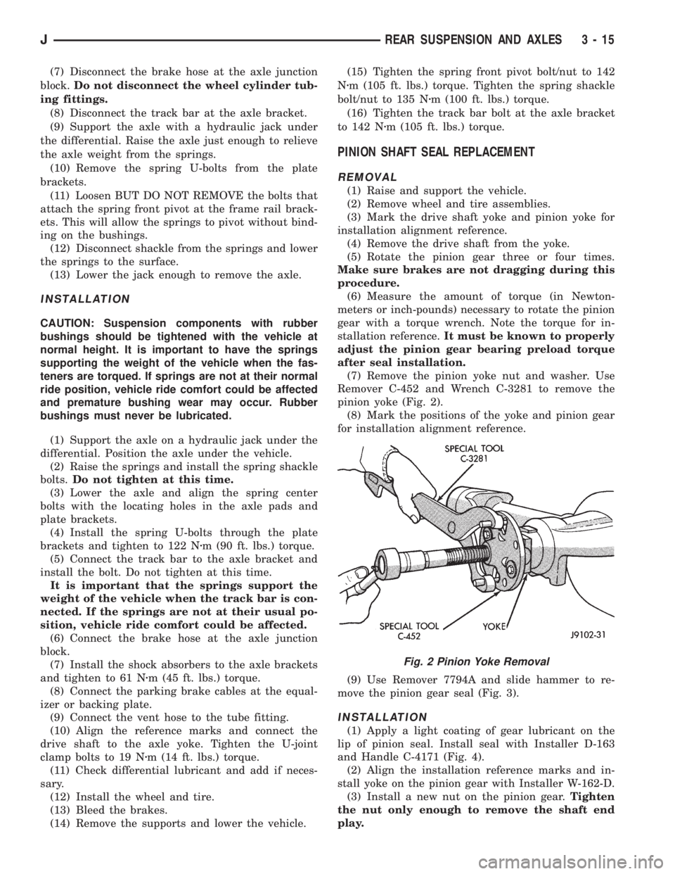 JEEP CHEROKEE 1995  Service Repair Manual (7) Disconnect the brake hose at the axle junction
block.Do not disconnect the wheel cylinder tub-
ing fittings.
(8) Disconnect the track bar at the axle bracket.
(9) Support the axle with a hydraulic