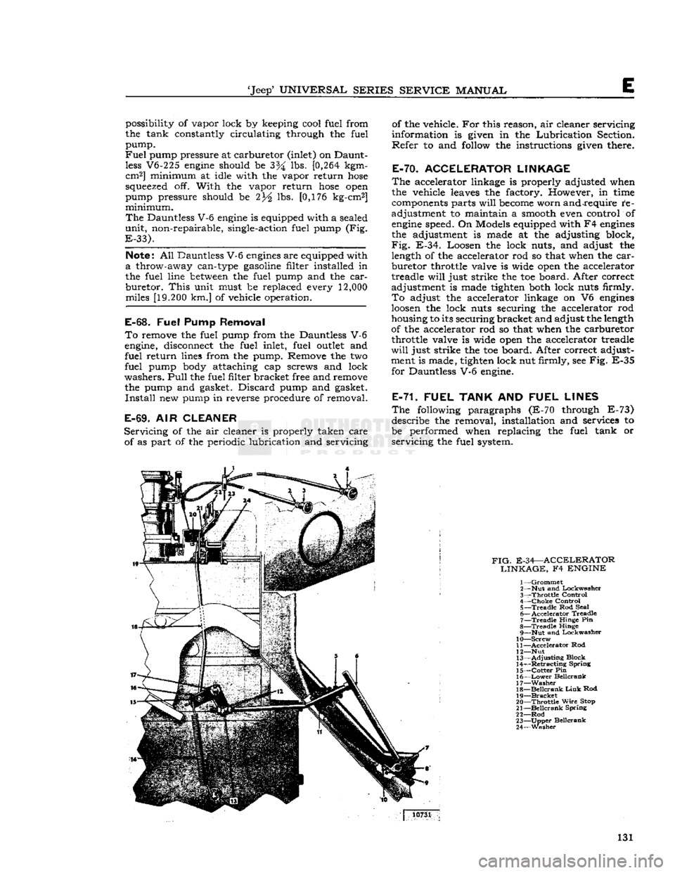 JEEP CJ 1953 Service Manual
Jeep
UNIVERSAL SERIES SERVICE
MANUAL
E
possibility of vapor lock by keeping cool fuel from
the tank constantly circulating through the fuel
pump.
Fuel
pump pressure at carburetor (inlet) JEEP CJ 1953 Service Manual
Jeep
UNIVERSAL SERIES SERVICE
MANUAL
E
possibility of vapor lock by keeping cool fuel from
the tank constantly circulating through the fuel
pump.
Fuel
pump pressure at carburetor (inlet)