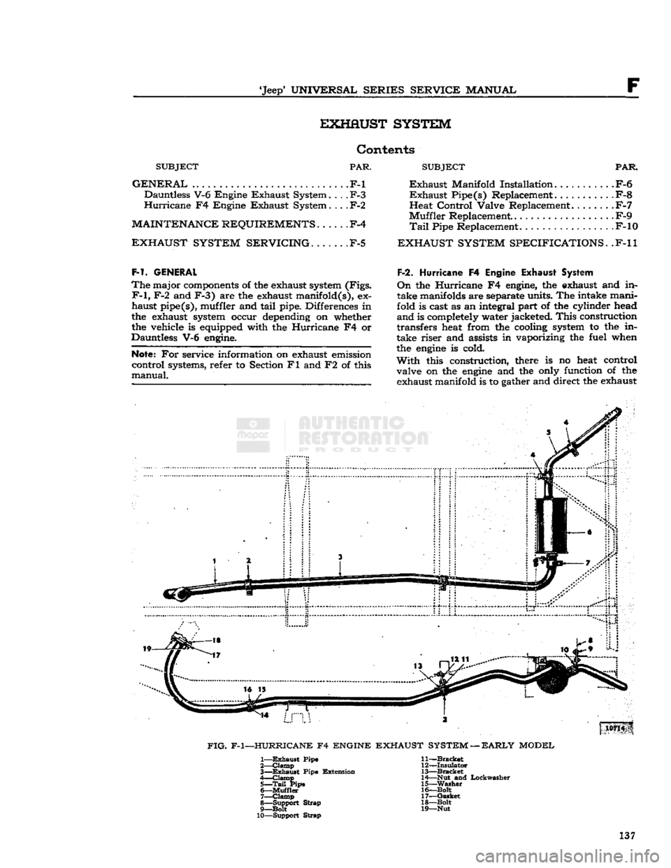 JEEP CJ 1953 Service Manual
Jeep*
UNIVERSAL SERIES SERVICE
MANUAL
F EXHAUST SYSTEM
Contents
SUBJECT
PAR.
GENERAL
.F-l Dauntless V-6 Engine Exhaust System....
F-3
Hurricane
F4 Engine Exhaust System....
F-2
M JEEP CJ 1953 Service Manual
Jeep*
UNIVERSAL SERIES SERVICE
MANUAL
F EXHAUST SYSTEM
Contents
SUBJECT
PAR.
GENERAL
.F-l Dauntless V-6 Engine Exhaust System....
F-3
Hurricane
F4 Engine Exhaust System....
F-2
M