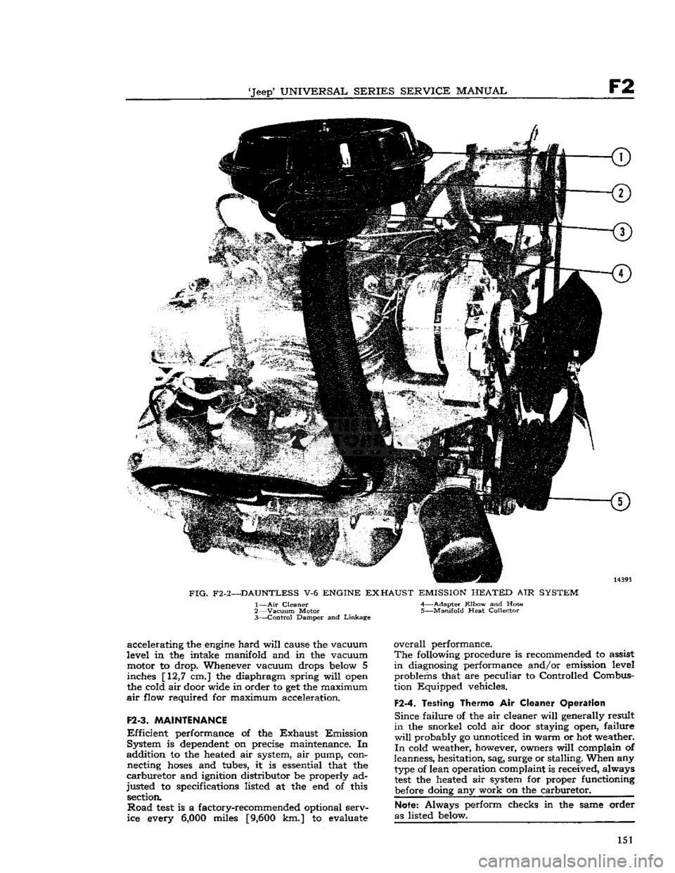 JEEP CJ 1953  Service Manual 
Jeep*
 UNIVERSAL
 SERIES
 SERVICE
 MANUAL 

F2 

FIG.
 F2-2—DAUNTLESS
 V-6
 ENGINE
 EXHAUST
 EMISSION
 HEATED
 AIR
 SYSTEM 
 1—
 Air
 Cleaner 4—Adapter
 Elbow
 and Hose 
2—
 Vacuum
 Motor 5