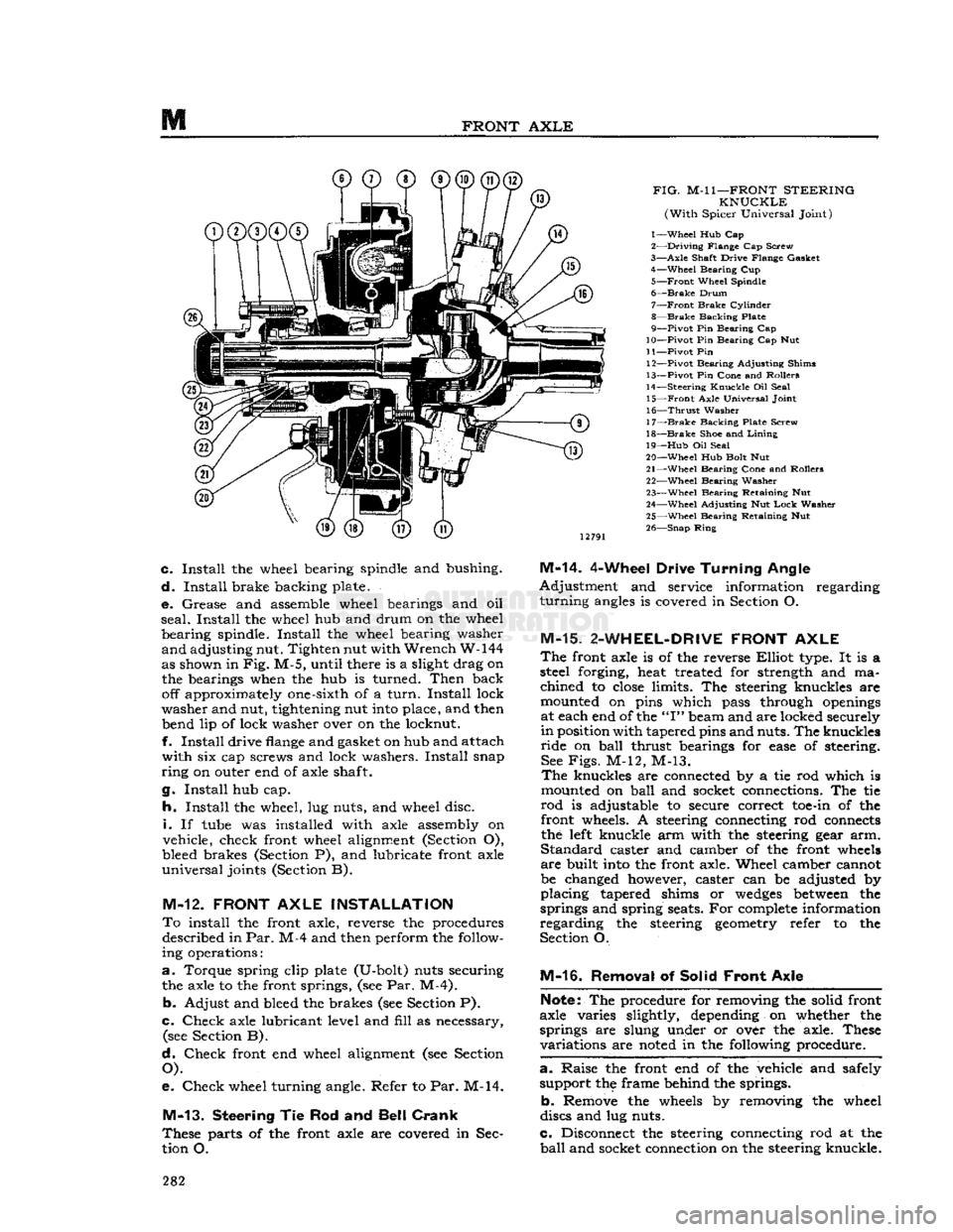 JEEP CJ 1953 Service Manual
FRONT
AXLE
FIG.
M-l
1—FRONT
STEERING
KNUCKLE
(With
Spicer Universal Joint)
1—
Wheel
Hub Cap
2—
Driving
Flange Cap Screw
3—
Axle
Shaft Drive Flange Gasket 4—
Wheel
B JEEP CJ 1953 Service Manual
FRONT
AXLE
FIG.
M-l
1—FRONT
STEERING
KNUCKLE
(With
Spicer Universal Joint)
1—
Wheel
Hub Cap
2—
Driving
Flange Cap Screw
3—
Axle
Shaft Drive Flange Gasket 4—
Wheel
B