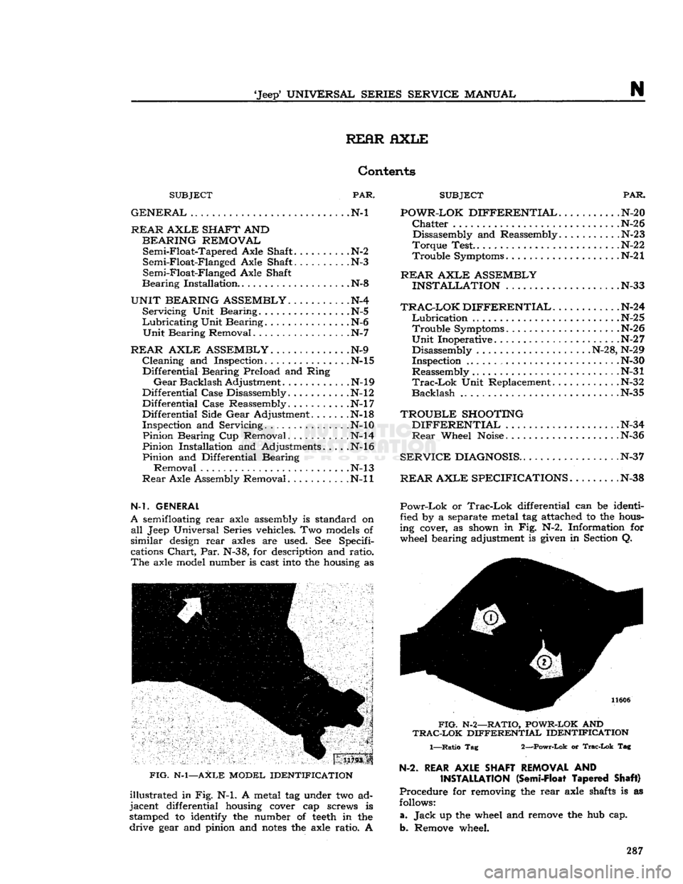 JEEP CJ 1953 Service Manual
Jeep*
UNIVERSAL SERIES SERVICE
MANUAL
N
REAR
AXLE
Contents
PAR. SUBJECT
PAR.
N-l POWR-LOK DIFFERENTIAL
N-20
Chatter
.N-26 Dissasembly and Reassembly. .N-23
Torque Test .N-22
21* T JEEP CJ 1953 Service Manual
Jeep*
UNIVERSAL SERIES SERVICE
MANUAL
N
REAR
AXLE
Contents
PAR. SUBJECT
PAR.
N-l POWR-LOK DIFFERENTIAL
N-20
Chatter
.N-26 Dissasembly and Reassembly. .N-23
Torque Test .N-22
21* T