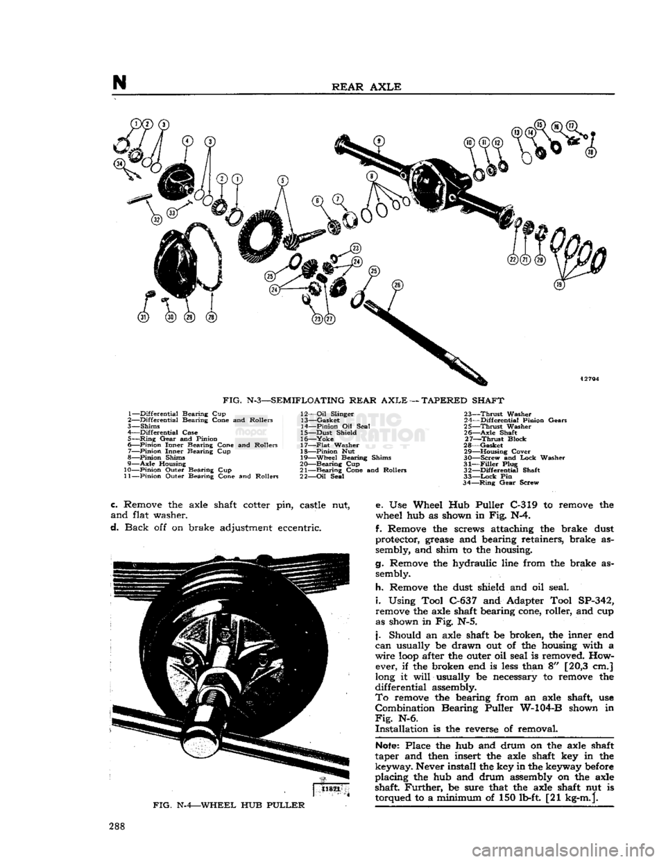 JEEP CJ 1953 Service Manual
FIG.
N-3—SEMIFLOATING REAR
AXLE
—
TAPERED SHAFT
1— Differential Bearing Cup
2— Differential Bearing Cone and Rollers
3— Shims
4— Differential Case 5—
Ring
Gear and Pinion
6 JEEP CJ 1953 Service Manual
FIG.
N-3—SEMIFLOATING REAR
AXLE
—
TAPERED SHAFT
1— Differential Bearing Cup
2— Differential Bearing Cone and Rollers
3— Shims
4— Differential Case 5—
Ring
Gear and Pinion
6