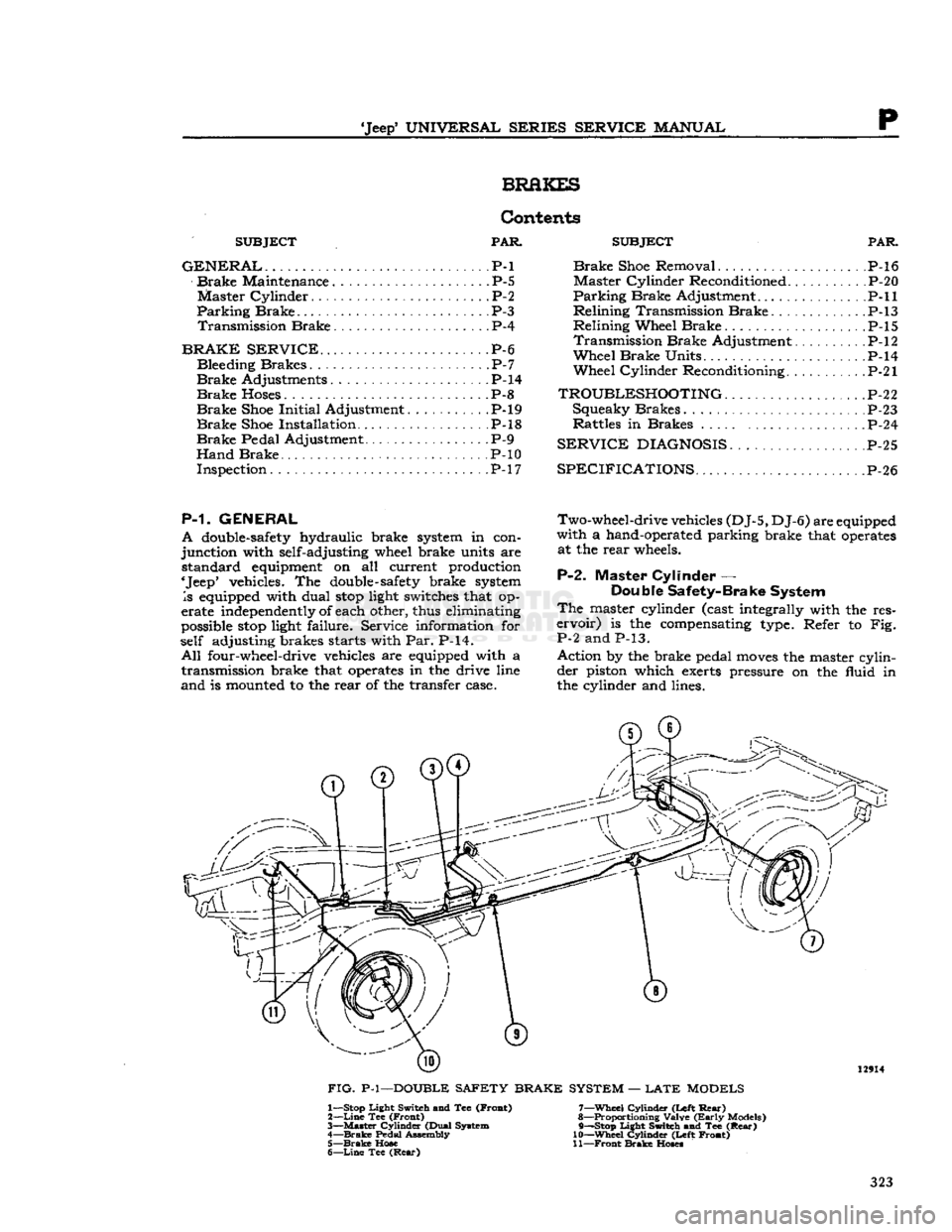 JEEP CJ 1953 Service Manual
Jeep
UNIVERSAL
SERIES SERVICE
MANUAL
P
BRAKES
SUBJECT
PAR
GENERAL.
. P-l
Brake
Maintenance P-5
Master
Cylinder.
P-2
Parking
Brake
P-3
Transmission
Brake
P-4
BRAKE SERVIC JEEP CJ 1953 Service Manual
Jeep
UNIVERSAL
SERIES SERVICE
MANUAL
P
BRAKES
SUBJECT
PAR
GENERAL.
. P-l
Brake
Maintenance P-5
Master
Cylinder.
P-2
Parking
Brake
P-3
Transmission
Brake
P-4
BRAKE SERVIC