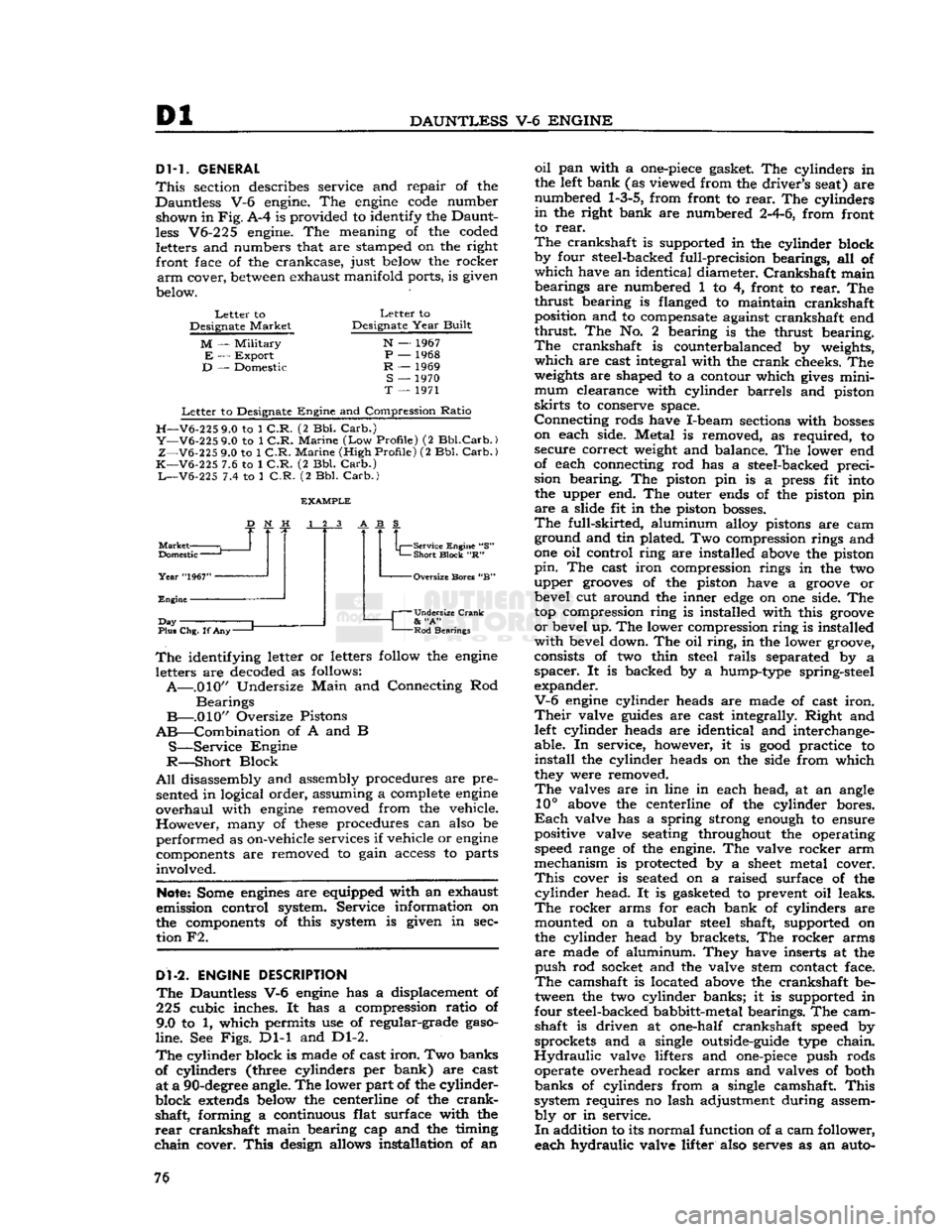 JEEP CJ 1953 Service Manual
Dl
DAUNTLESS
V-6
ENGINE
DM.
GENERAL
This
section describes service and repair of the
Dauntless V-6 engine. The
engine
code
number shown in
Fig.
A-4 is provided to identify the Daunt JEEP CJ 1953 Service Manual
Dl
DAUNTLESS
V-6
ENGINE
DM.
GENERAL
This
section describes service and repair of the
Dauntless V-6 engine. The
engine
code
number shown in
Fig.
A-4 is provided to identify the Daunt