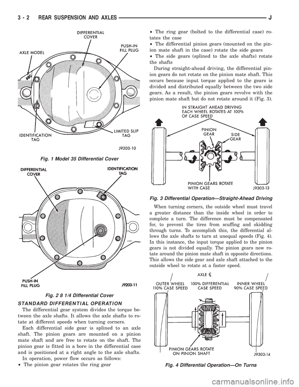 JEEP XJ 1995 Service And Repair Manual STANDARD DIFFERENTIAL OPERATION
The differential gear system divides the torque be-
tween the axle shafts. It allows the axle shafts to ro-
tate at different speeds when turning corners.
Each differen JEEP XJ 1995 Service And Repair Manual STANDARD DIFFERENTIAL OPERATION
The differential gear system divides the torque be-
tween the axle shafts. It allows the axle shafts to ro-
tate at different speeds when turning corners.
Each differen