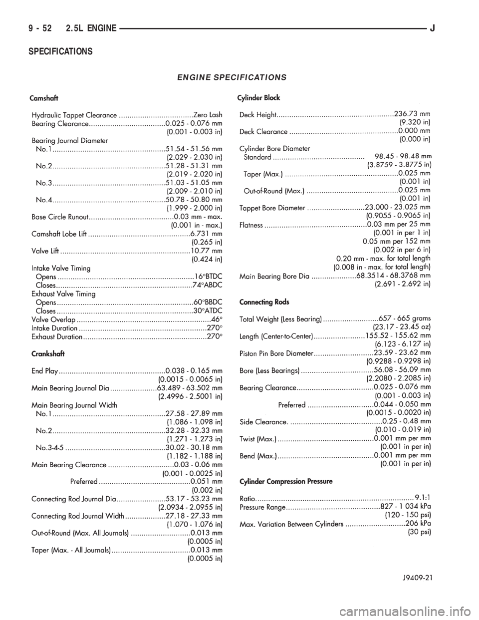 JEEP XJ 1995  Service And Repair Manual SPECIFICATIONS
ENGINE SPECIFICATIONS
9 - 52 2.5L ENGINEJ 