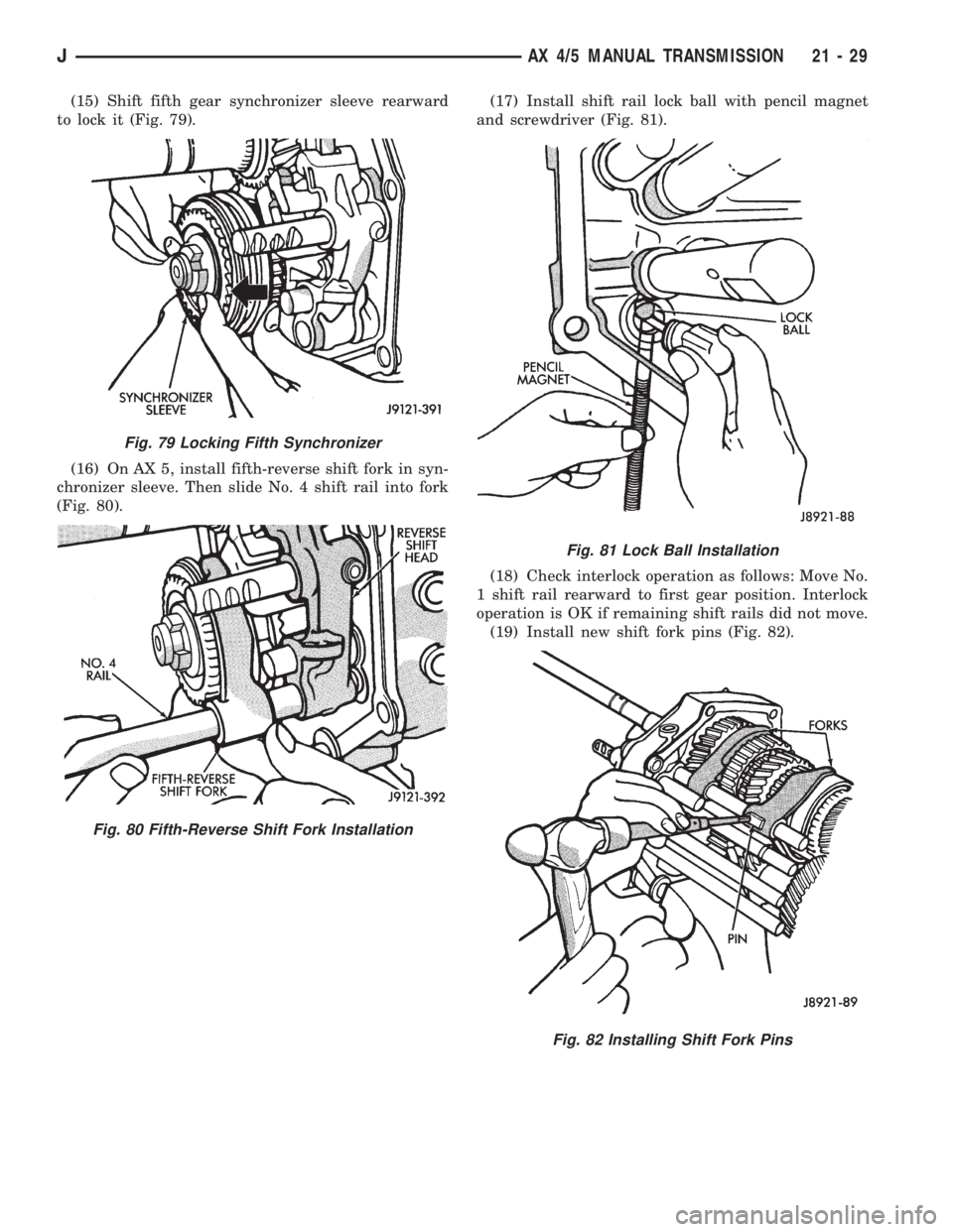 JEEP XJ 1995  Service And Repair Manual (15) Shift fifth gear synchronizer sleeve rearward
to lock it (Fig. 79).
(16) On AX 5, install fifth-reverse shift fork in syn-
chronizer sleeve. Then slide No. 4 shift rail into fork
(Fig. 80).(17) I