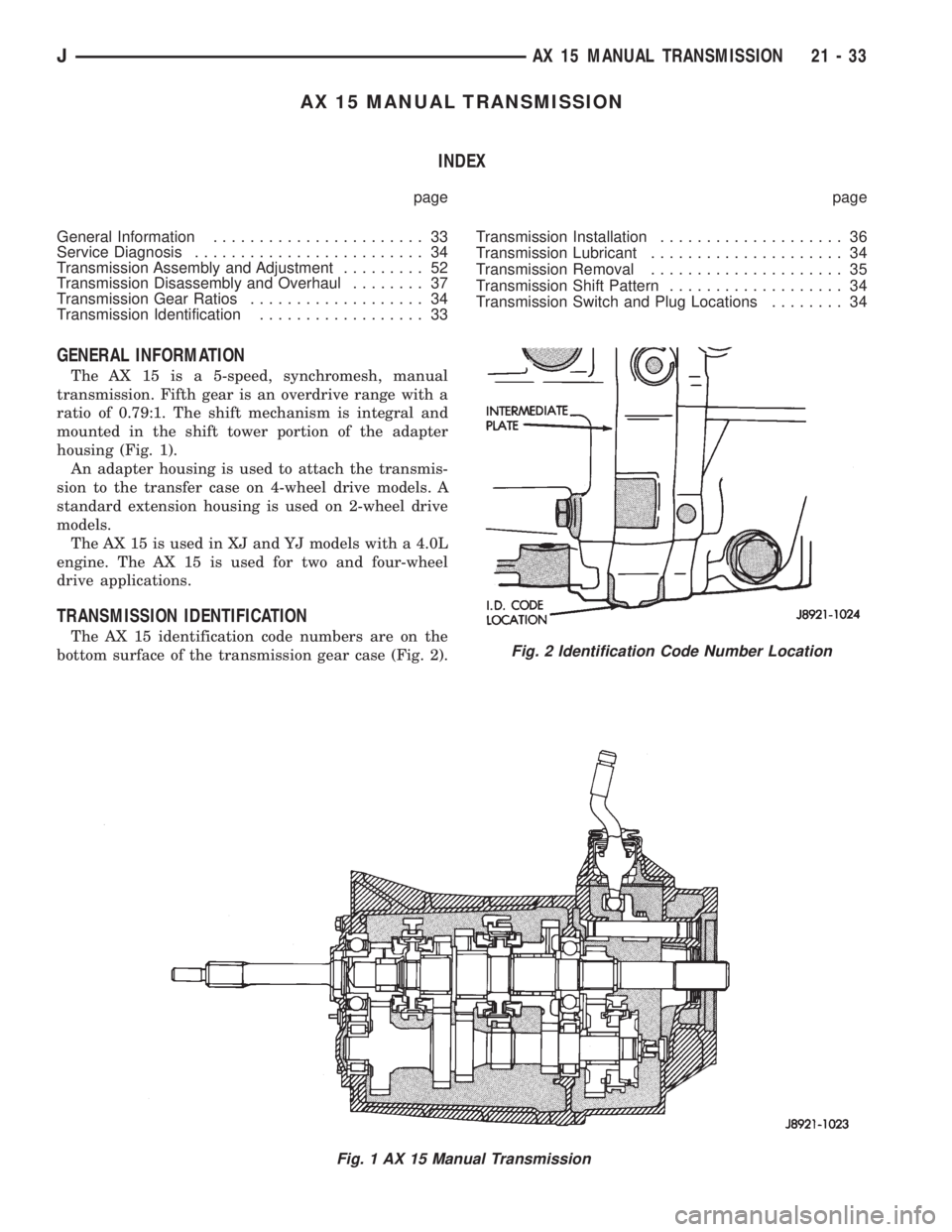 JEEP XJ 1995  Service And Repair Manual AX 15 MANUAL TRANSMISSION
INDEX
page page
General Information....................... 33
Service Diagnosis......................... 34
Transmission Assembly and Adjustment......... 52
Transmission Disa