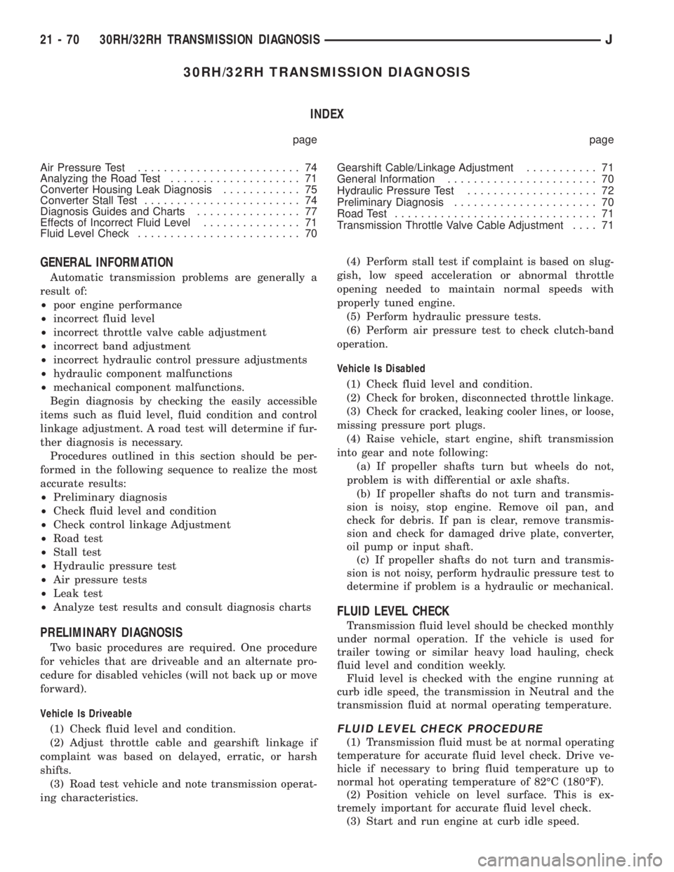 JEEP XJ 1995  Service And Repair Manual 30RH/32RH TRANSMISSION DIAGNOSIS
INDEX
page page
Air Pressure Test......................... 74
Analyzing the Road Test.................... 71
Converter Housing Leak Diagnosis............ 75
Converter 