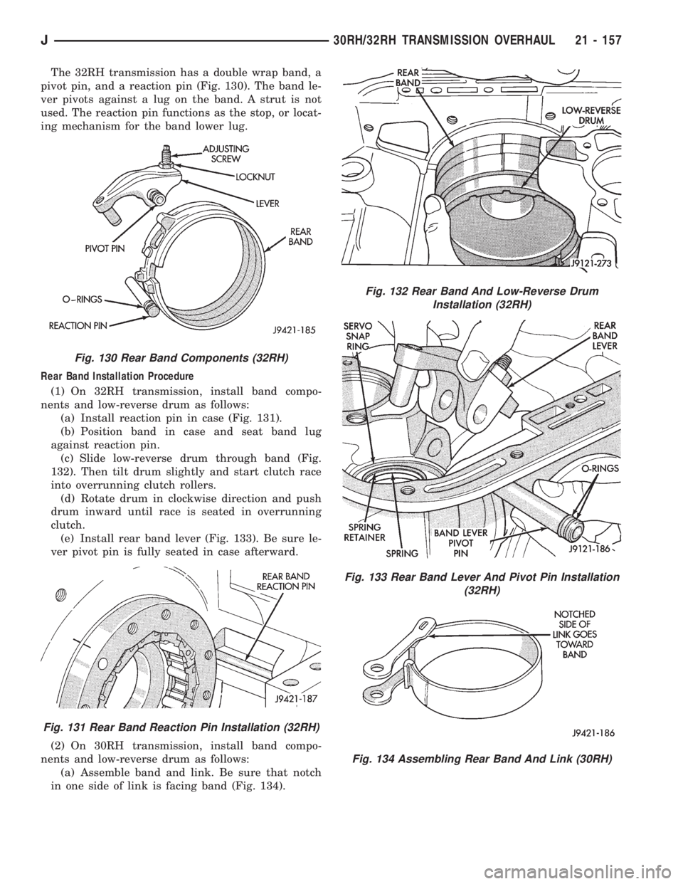 JEEP XJ 1995  Service And Repair Manual The 32RH transmission has a double wrap band, a
pivot pin, and a reaction pin (Fig. 130). The band le-
ver pivots against a lug on the band. A strut is not
used. The reaction pin functions as the stop