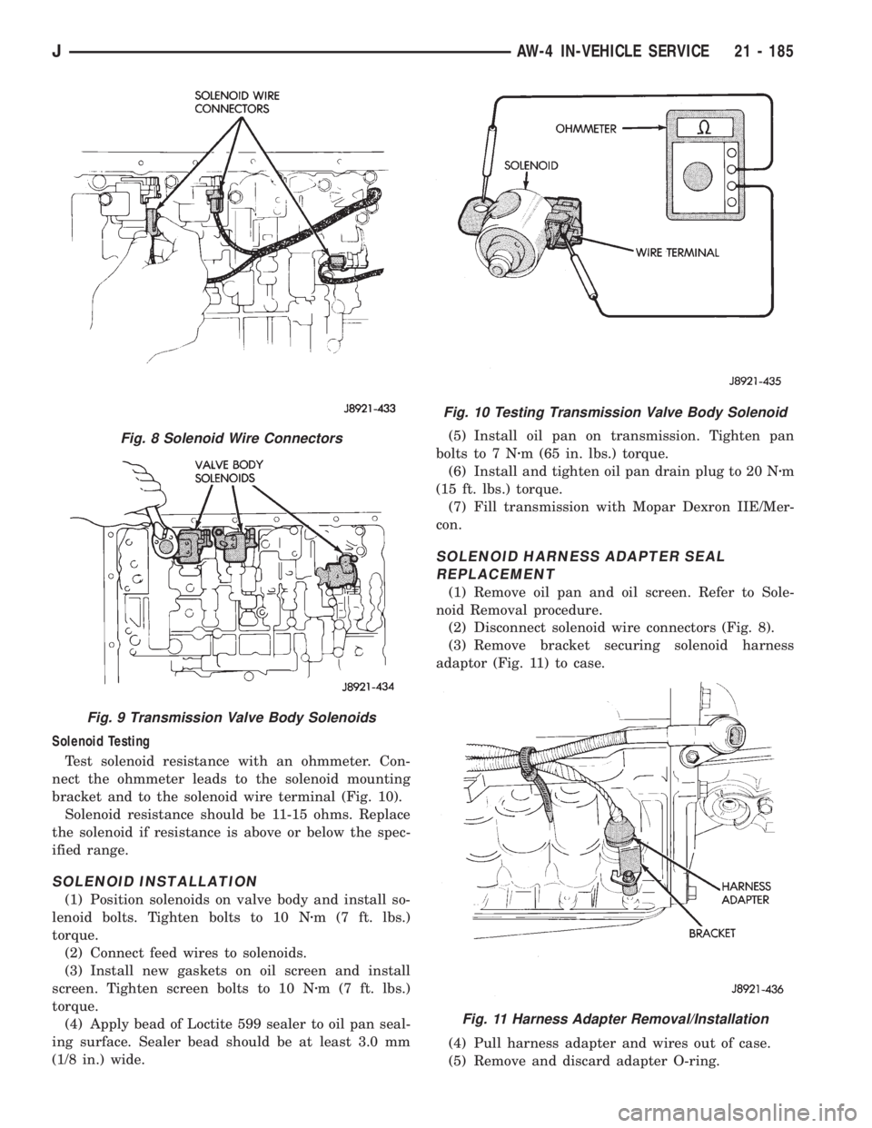 JEEP XJ 1995  Service And Repair Manual Solenoid Testing
Test solenoid resistance with an ohmmeter. Con-
nect the ohmmeter leads to the solenoid mounting
bracket and to the solenoid wire terminal (Fig. 10).
Solenoid resistance should be 11-