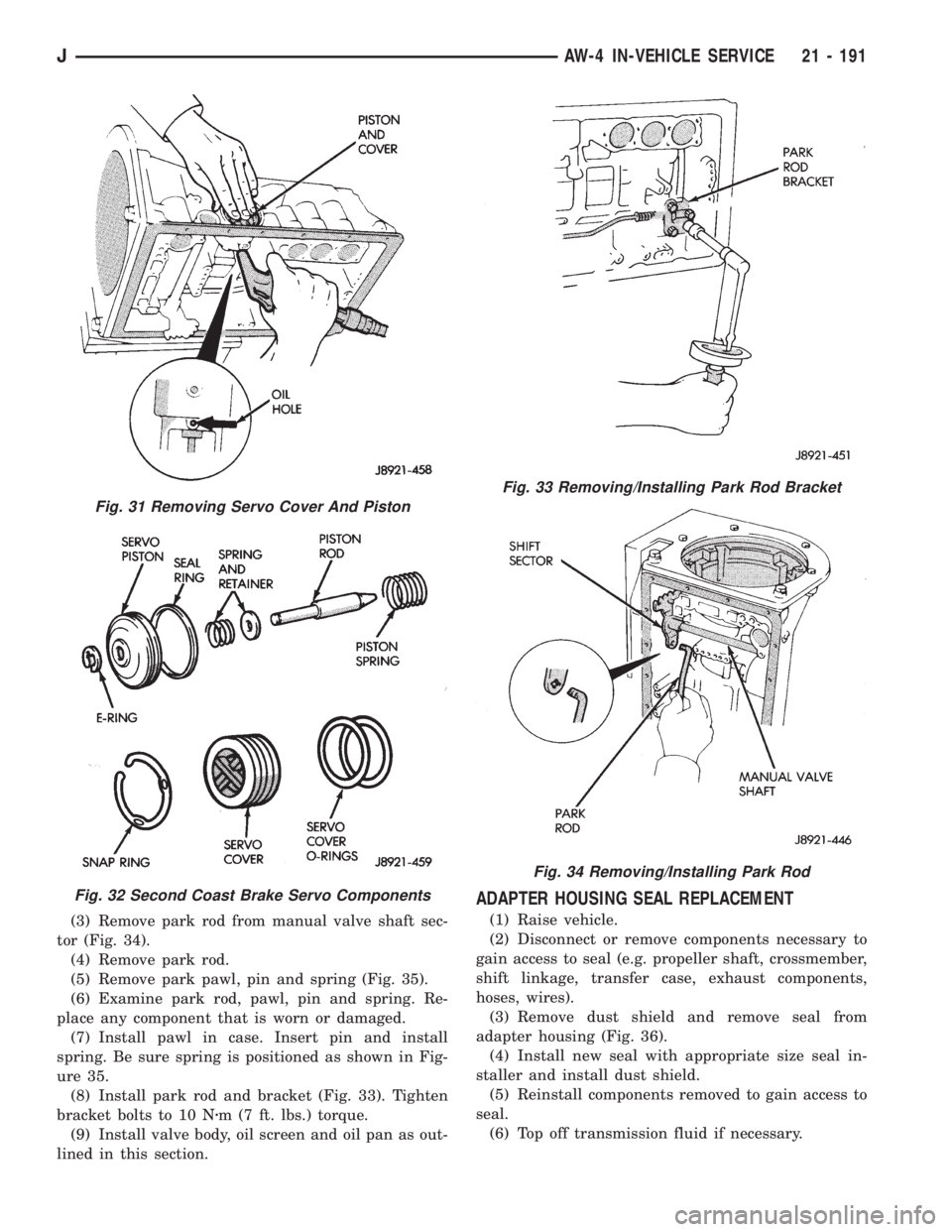 JEEP XJ 1995  Service And Repair Manual (3) Remove park rod from manual valve shaft sec-
tor (Fig. 34).
(4) Remove park rod.
(5) Remove park pawl, pin and spring (Fig. 35).
(6) Examine park rod, pawl, pin and spring. Re-
place any component