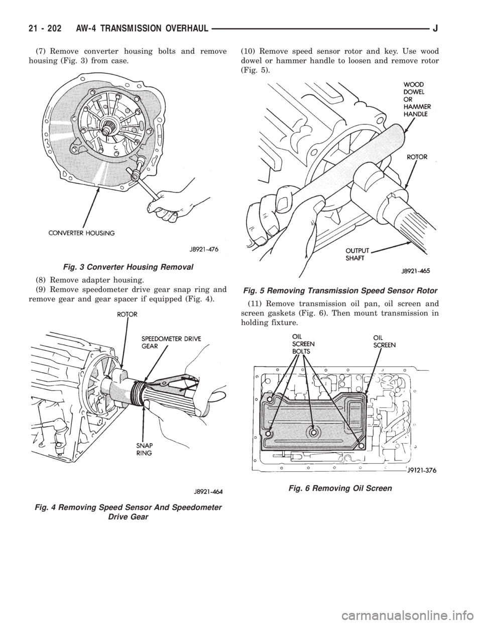 JEEP XJ 1995  Service And Repair Manual (7) Remove converter housing bolts and remove
housing (Fig. 3) from case.
(8) Remove adapter housing.
(9) Remove speedometer drive gear snap ring and
remove gear and gear spacer if equipped (Fig. 4).(