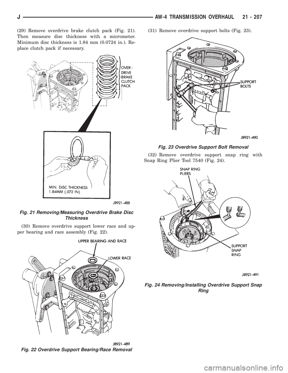 JEEP XJ 1995  Service And Repair Manual (29) Remove overdrive brake clutch pack (Fig. 21).
Then measure disc thickness with a micrometer.
Minimum disc thickness is 1.84 mm (0.0724 in.). Re-
place clutch pack if necessary.
(30) Remove overdr