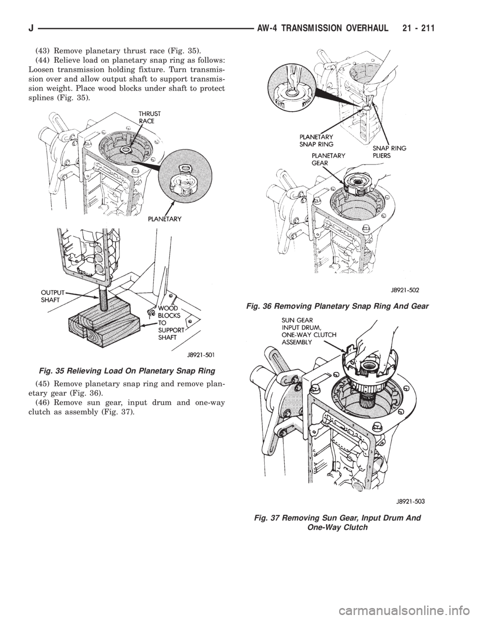 JEEP XJ 1995  Service And Repair Manual (43) Remove planetary thrust race (Fig. 35).
(44) Relieve load on planetary snap ring as follows:
Loosen transmission holding fixture. Turn transmis-
sion over and allow output shaft to support transm