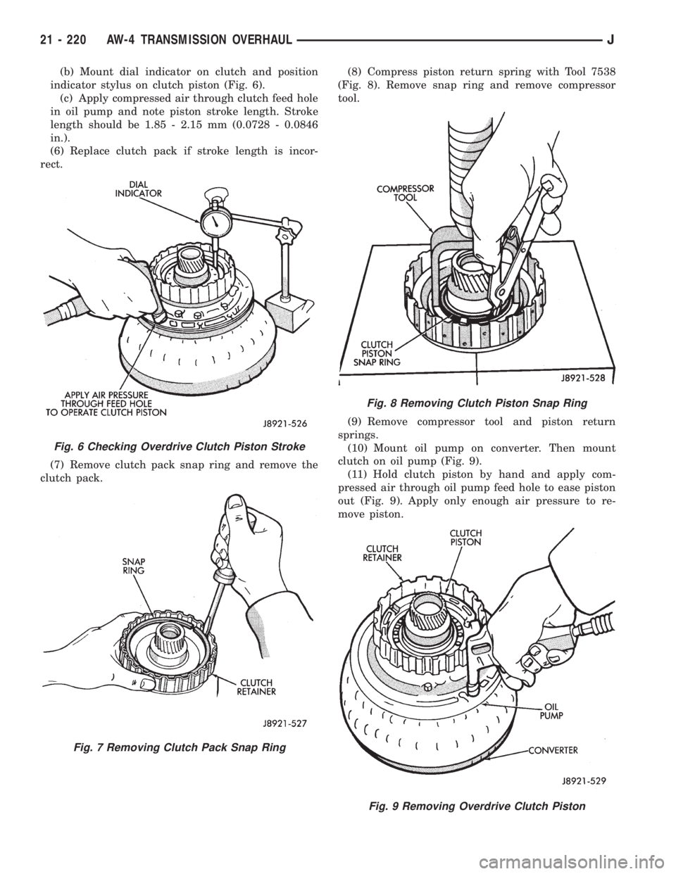JEEP XJ 1995  Service And Repair Manual (b) Mount dial indicator on clutch and position
indicator stylus on clutch piston (Fig. 6).
(c) Apply compressed air through clutch feed hole
in oil pump and note piston stroke length. Stroke
length s