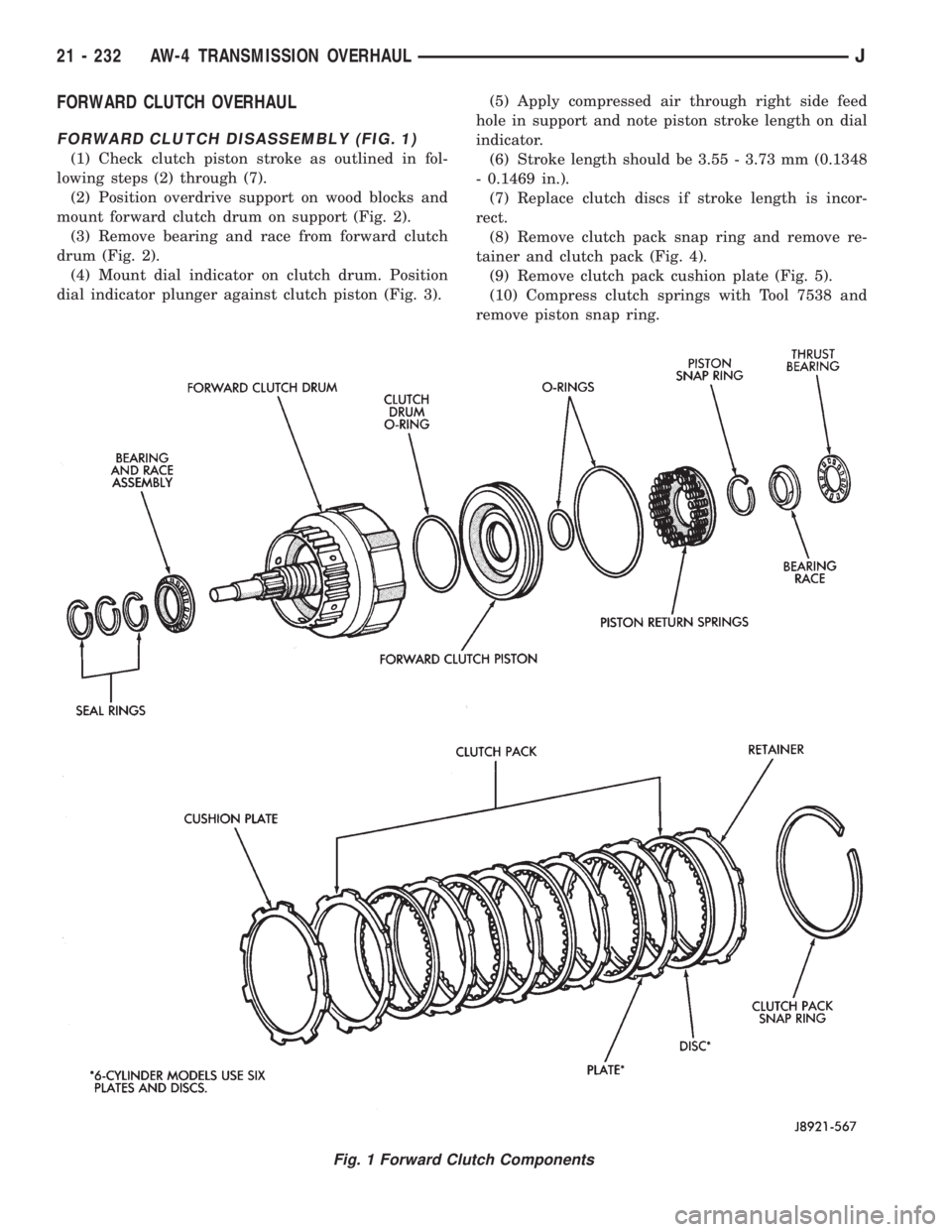 JEEP XJ 1995  Service And Repair Manual FORWARD CLUTCH OVERHAUL
FORWARD CLUTCH DISASSEMBLY (FIG. 1)
(1) Check clutch piston stroke as outlined in fol-
lowing steps (2) through (7).
(2) Position overdrive support on wood blocks and
mount for