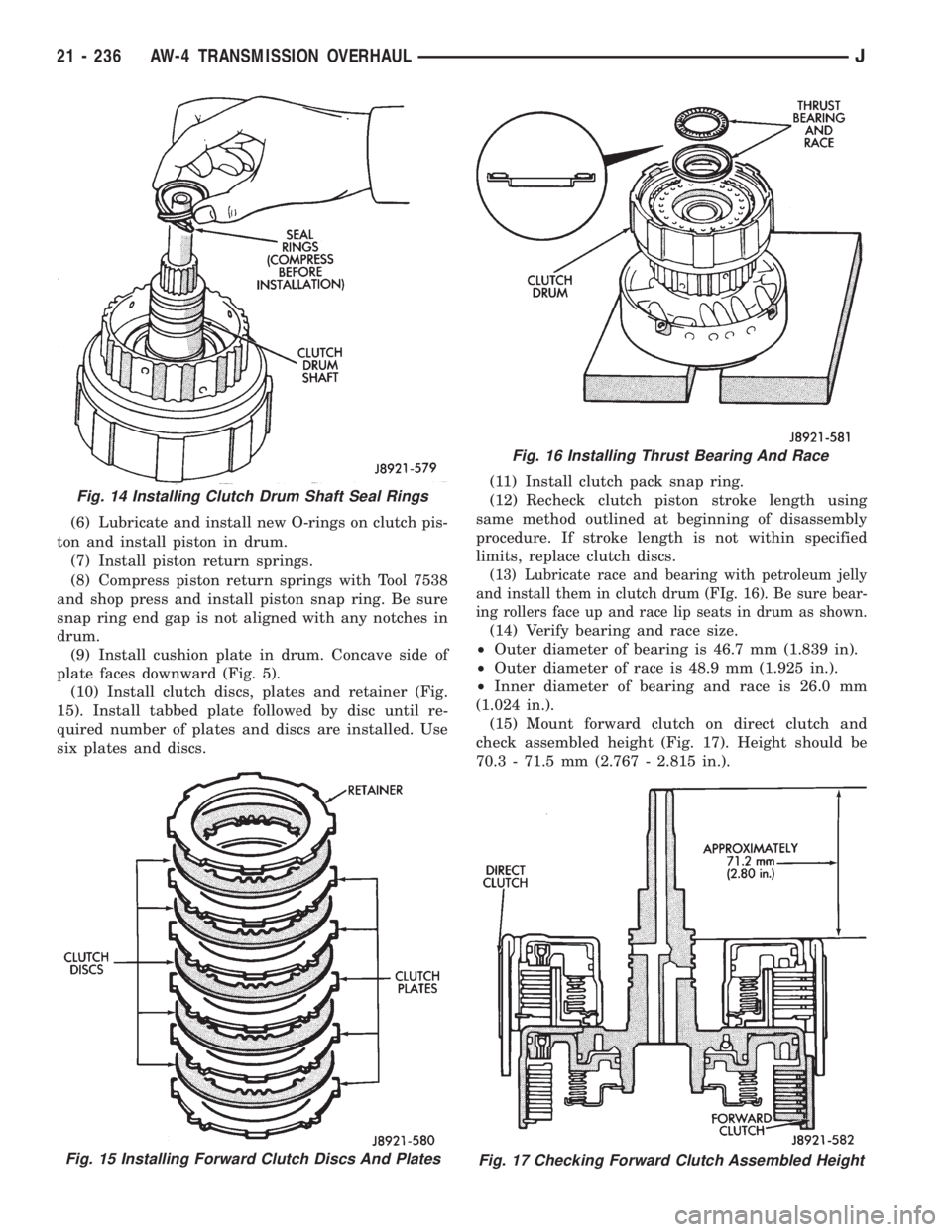 JEEP XJ 1995  Service And Repair Manual (6) Lubricate and install new O-rings on clutch pis-
ton and install piston in drum.
(7) Install piston return springs.
(8) Compress piston return springs with Tool 7538
and shop press and install pis