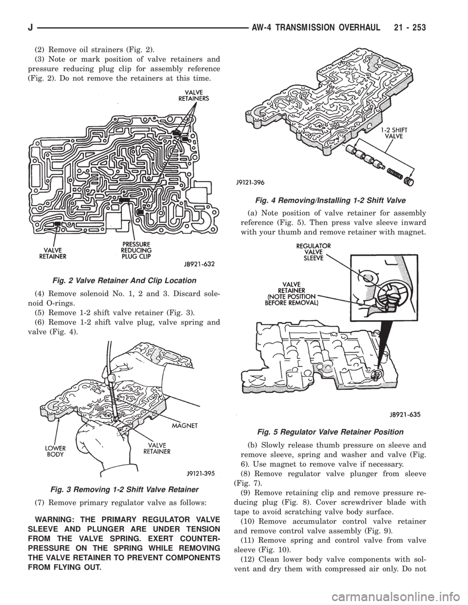 JEEP XJ 1995  Service And Repair Manual (2) Remove oil strainers (Fig. 2).
(3) Note or mark position of valve retainers and
pressure reducing plug clip for assembly reference
(Fig. 2). Do not remove the retainers at this time.
(4) Remove so