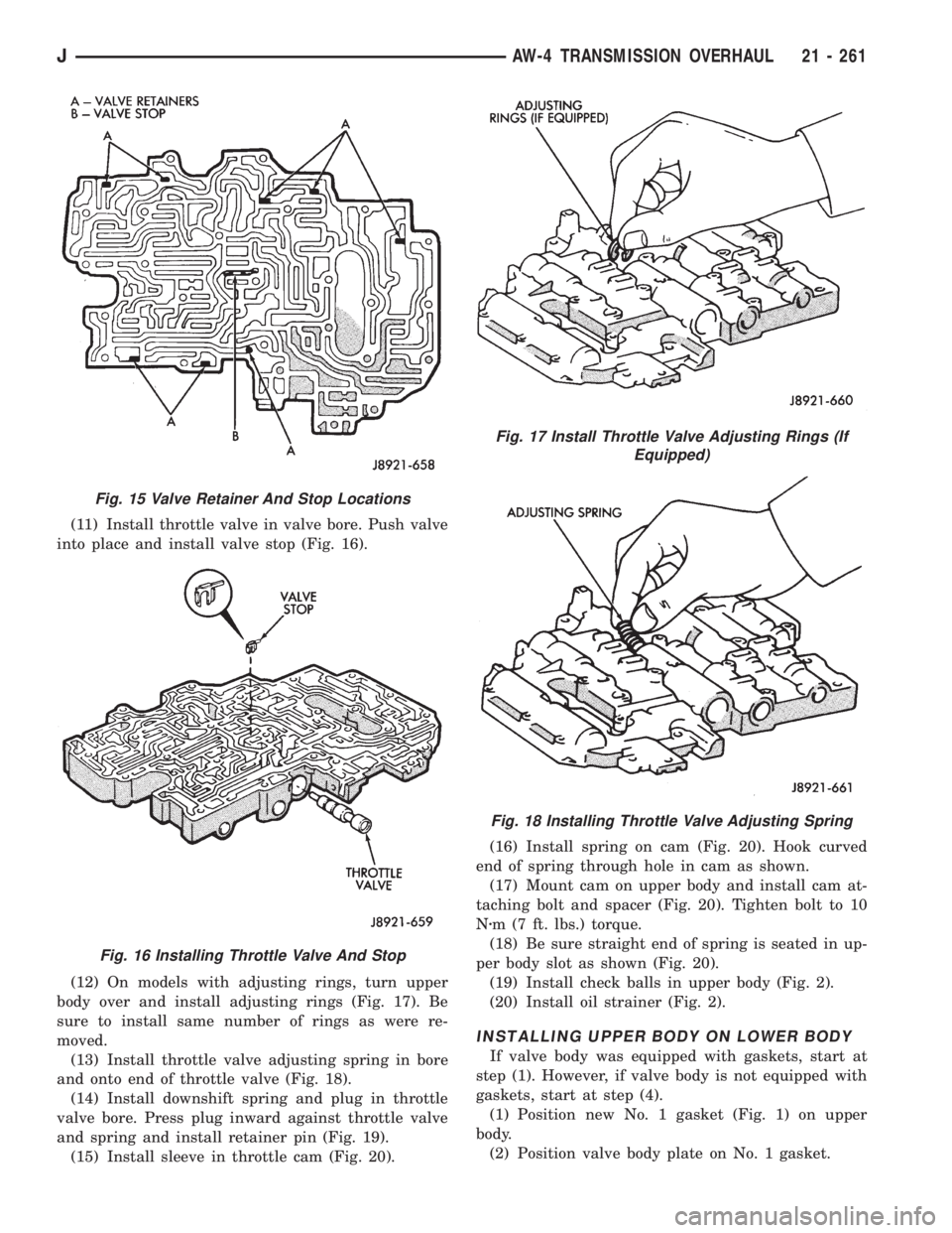 JEEP XJ 1995  Service And Repair Manual (11) Install throttle valve in valve bore. Push valve
into place and install valve stop (Fig. 16).
(12) On models with adjusting rings, turn upper
body over and install adjusting rings (Fig. 17). Be
s