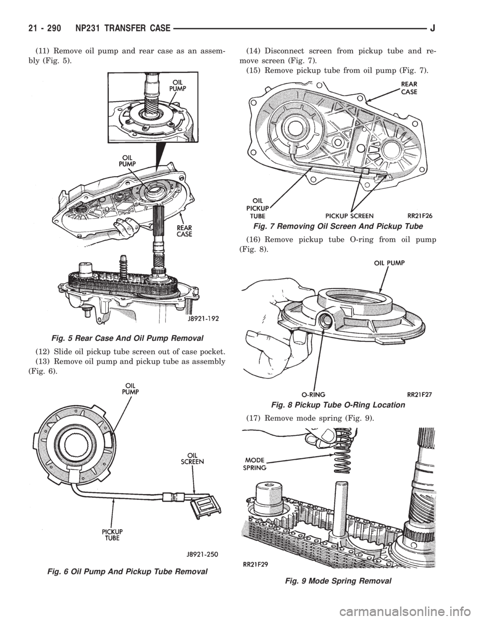 JEEP XJ 1995  Service And Repair Manual (11) Remove oil pump and rear case as an assem-
bly (Fig. 5).
(12) Slide oil pickup tube screen out of case pocket.
(13) Remove oil pump and pickup tube as assembly
(Fig. 6).(14) Disconnect screen fro