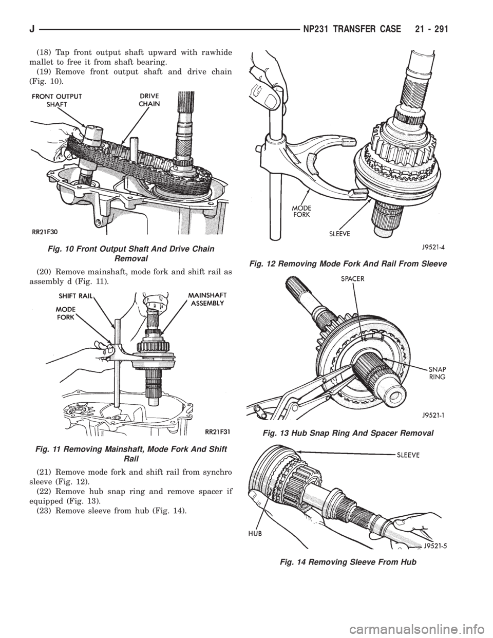 JEEP XJ 1995  Service And Repair Manual (18) Tap front output shaft upward with rawhide
mallet to free it from shaft bearing.
(19) Remove front output shaft and drive chain
(Fig. 10).
(20) Remove mainshaft, mode fork and shift rail as
assem