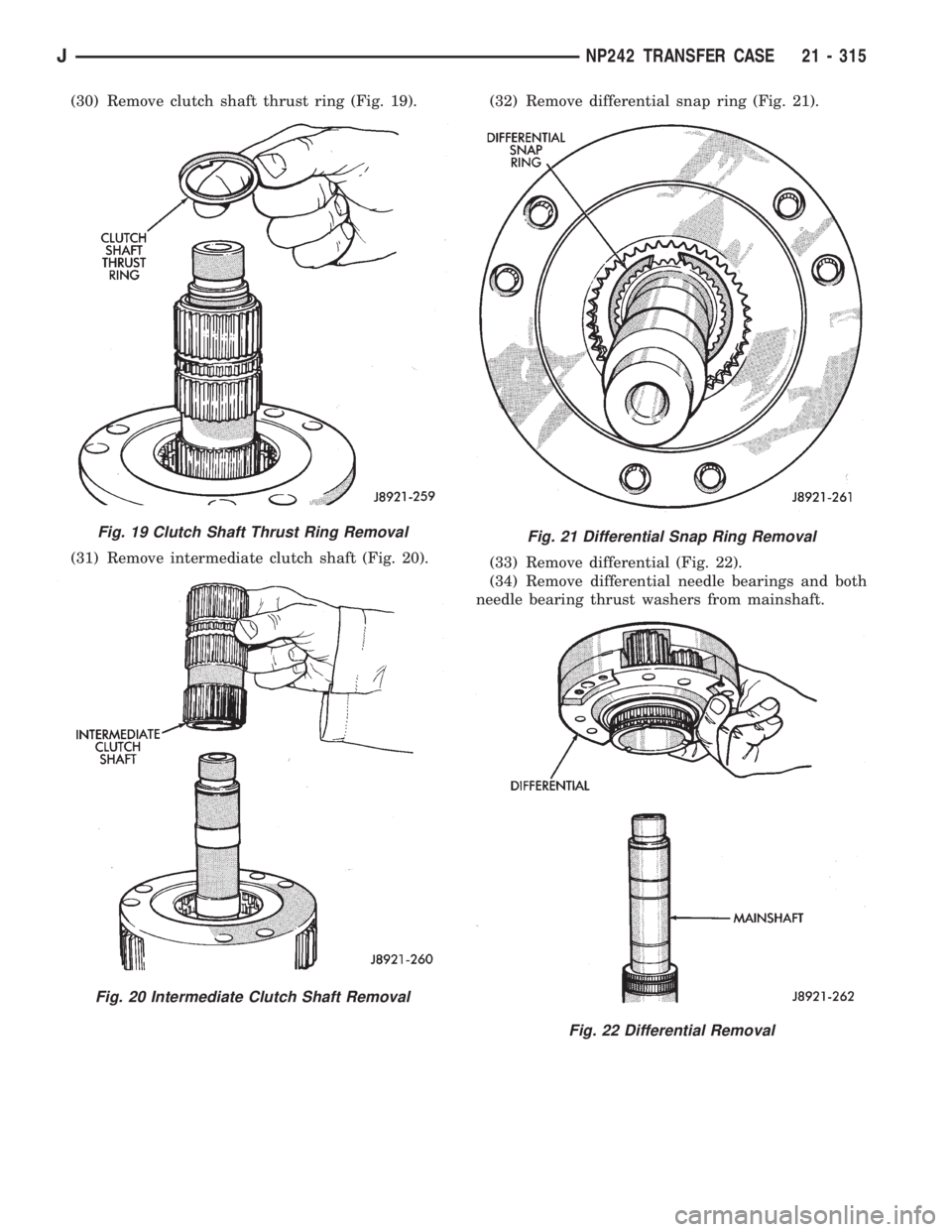 JEEP XJ 1995  Service And Repair Manual (30) Remove clutch shaft thrust ring (Fig. 19).
(31) Remove intermediate clutch shaft (Fig. 20).(32) Remove differential snap ring (Fig. 21).
(33) Remove differential (Fig. 22).
(34) Remove differenti