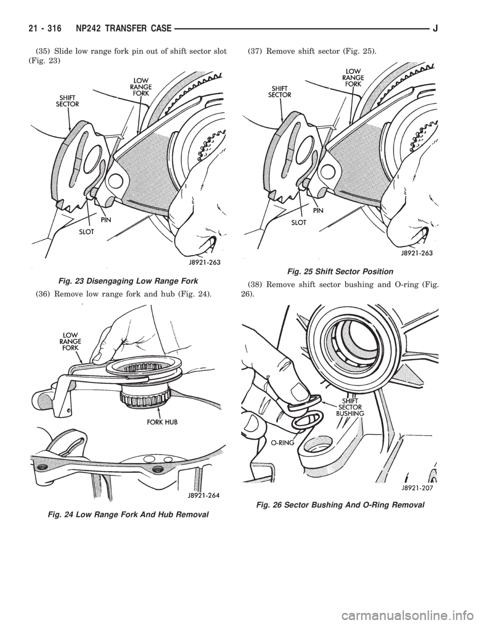 JEEP XJ 1995  Service And Repair Manual (35) Slide low range fork pin out of shift sector slot
(Fig. 23)
(36) Remove low range fork and hub (Fig. 24).(37) Remove shift sector (Fig. 25).
(38) Remove shift sector bushing and O-ring (Fig.
26).