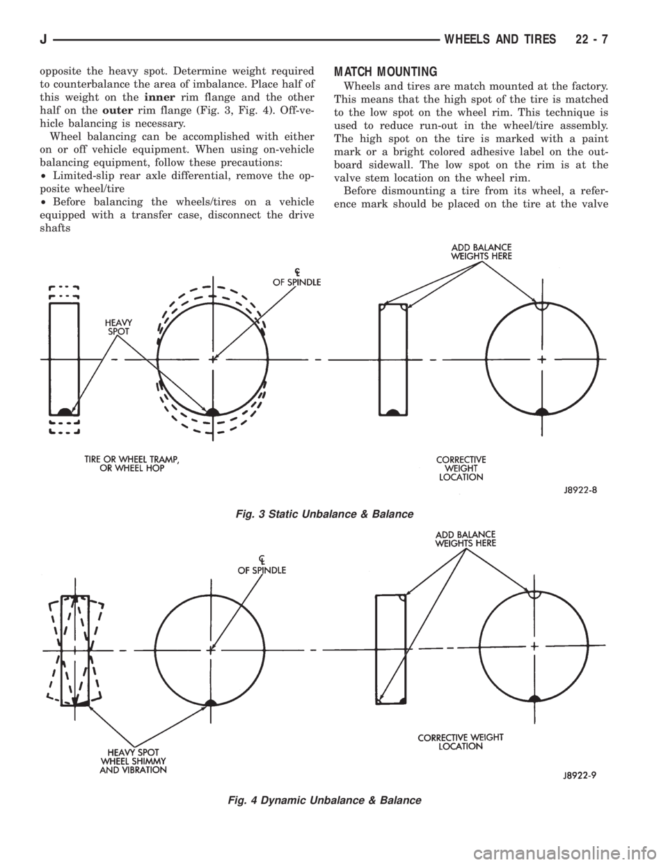 JEEP XJ 1995  Service And Repair Manual opposite the heavy spot. Determine weight required
to counterbalance the area of imbalance. Place half of
this weight on theinnerrim flange and the other
half on theouterrim flange (Fig. 3, Fig. 4). O