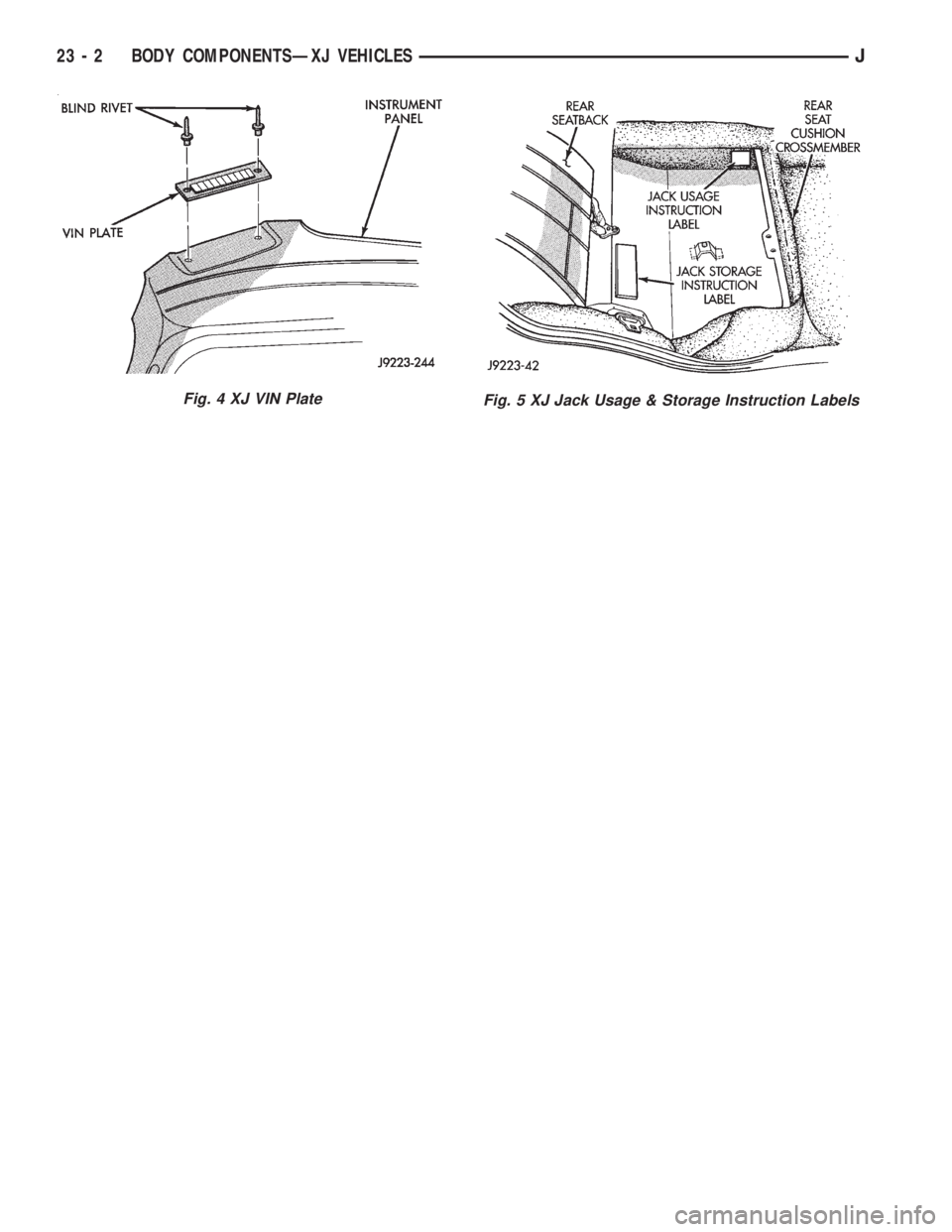 JEEP XJ 1995  Service And Repair Manual Fig. 4 XJ VIN PlateFig. 5 XJ Jack Usage & Storage Instruction Labels
23 - 2 BODY COMPONENTSÐXJ VEHICLESJ 