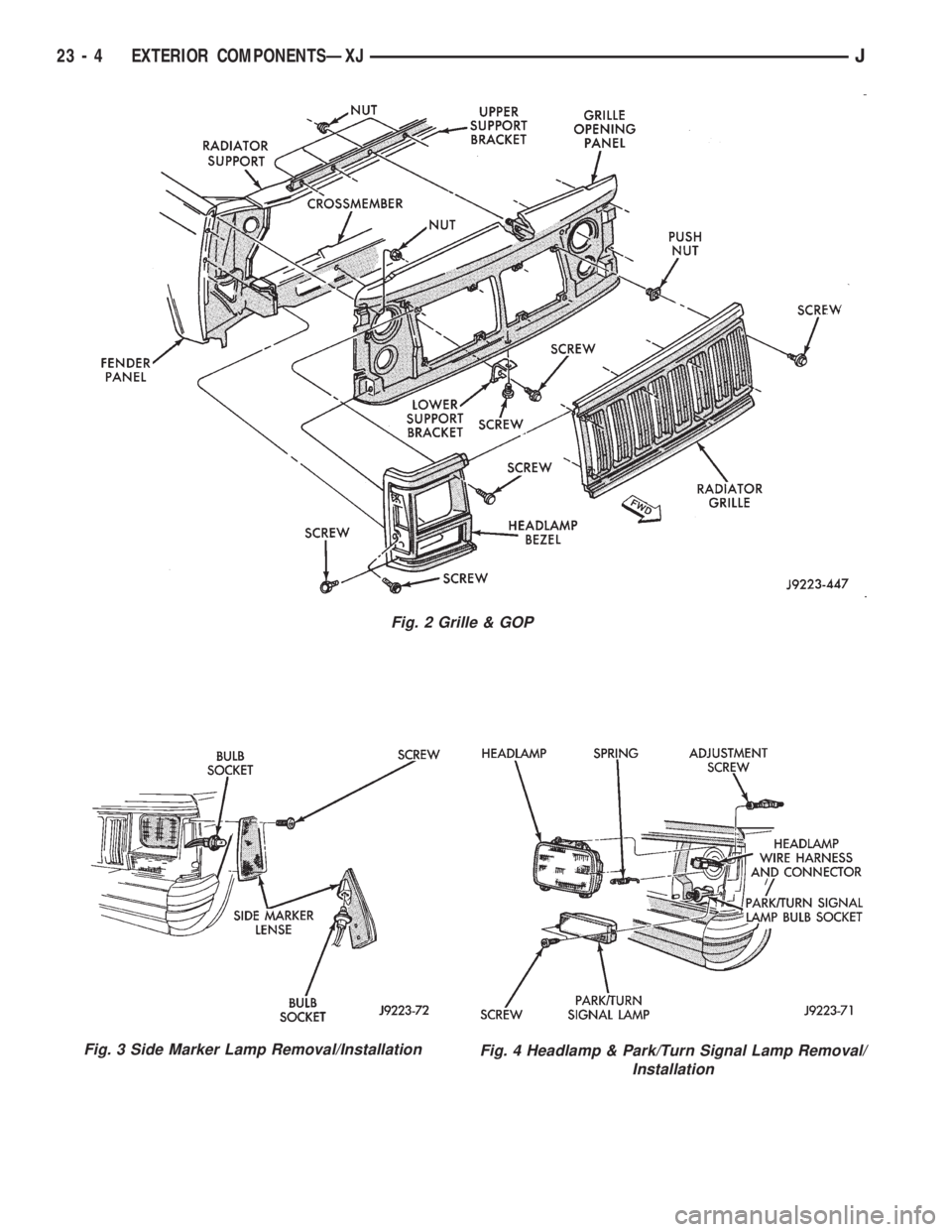 JEEP XJ 1995  Service And Repair Manual Fig. 2 Grille & GOP
Fig. 3 Side Marker Lamp Removal/InstallationFig. 4 Headlamp & Park/Turn Signal Lamp Removal/
Installation
23 - 4 EXTERIOR COMPONENTSÐXJJ 