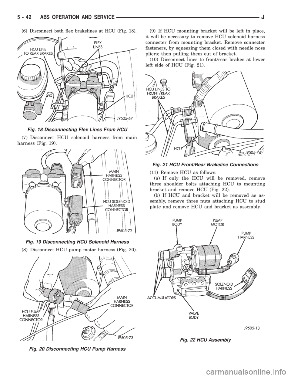 JEEP XJ 1995  Service And Repair Manual (6) Disconnect both flex brakelines at HCU (Fig. 18).
(7) Disconnect HCU solenoid harness from main
harness (Fig. 19).
(8) Disconnect HCU pump motor harness (Fig. 20).(9) If HCU mounting bracket will 