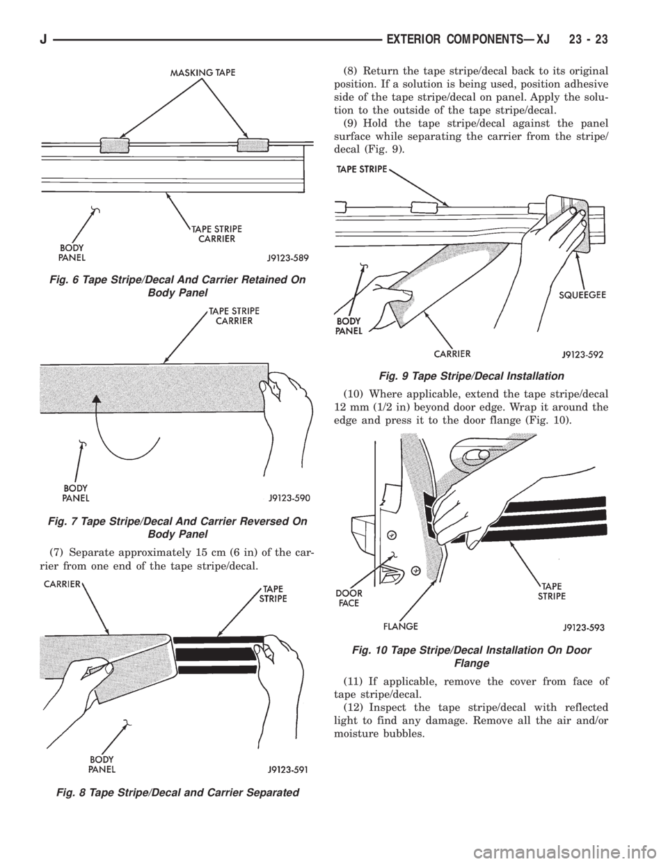 JEEP XJ 1995  Service And Repair Manual (7) Separate approximately 15 cm (6 in) of the car-
rier from one end of the tape stripe/decal.(8) Return the tape stripe/decal back to its original
position. If a solution is being used, position adh