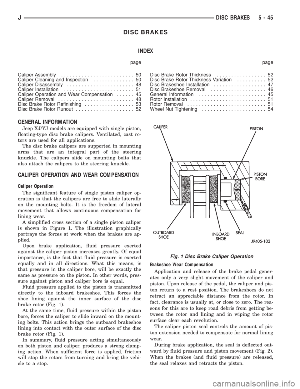 JEEP XJ 1995  Service And Repair Manual DISC BRAKES
INDEX
page page
Caliper Assembly......................... 50
Caliper Cleaning and Inspection.............. 50
Caliper Disassembly....................... 48
Caliper Installation............
