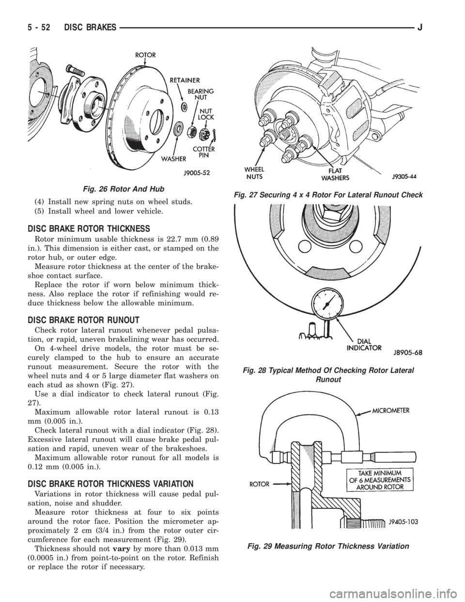 JEEP XJ 1995  Service And Repair Manual (4) Install new spring nuts on wheel studs.
(5) Install wheel and lower vehicle.
DISC BRAKE ROTOR THICKNESS
Rotor minimum usable thickness is 22.7 mm (0.89
in.). This dimension is either cast, or stam