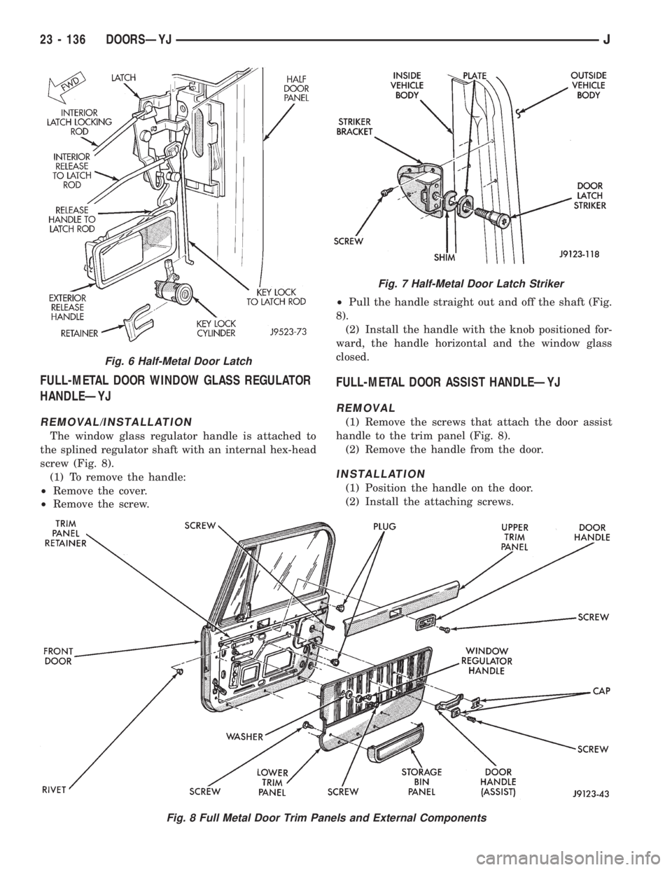 JEEP XJ 1995  Service And Repair Manual FULL-METAL DOOR WINDOW GLASS REGULATOR
HANDLEÐYJ
REMOVAL/INSTALLATION
The window glass regulator handle is attached to
the splined regulator shaft with an internal hex-head
screw (Fig. 8).
(1) To rem