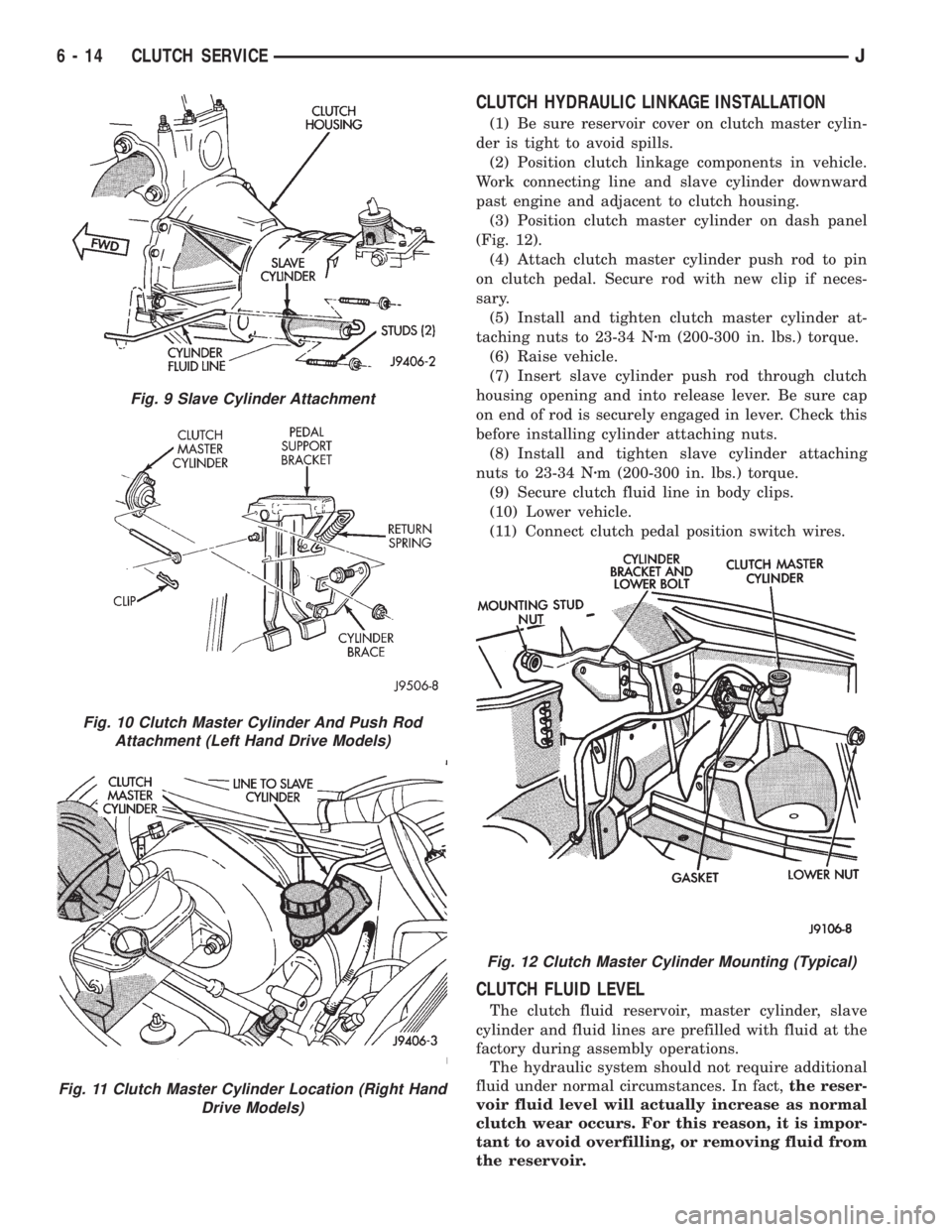 JEEP XJ 1995  Service And Repair Manual CLUTCH HYDRAULIC LINKAGE INSTALLATION
(1) Be sure reservoir cover on clutch master cylin-
der is tight to avoid spills.
(2) Position clutch linkage components in vehicle.
Work connecting line and slav